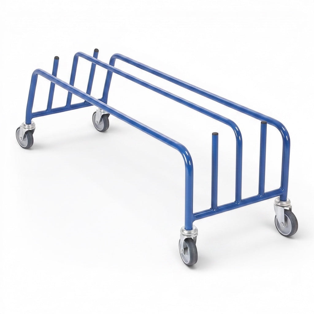 UK Gym Pits blue powder coated tubular steel trolley for transporting and storing gym linking equipment.