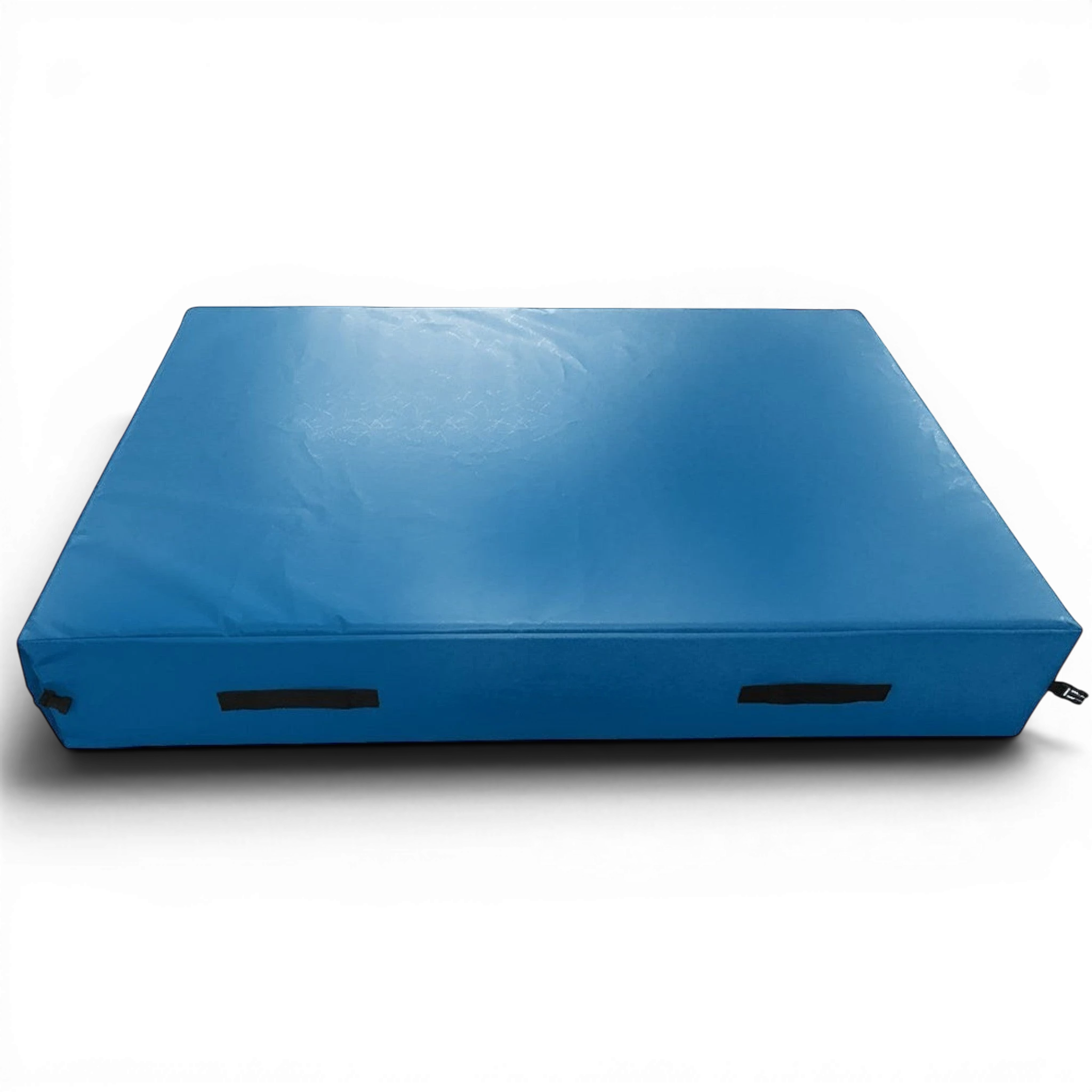 UK Gym Pits blue trampoline safety crash mat with reinforced handles and Nissen branding for gymnastics training