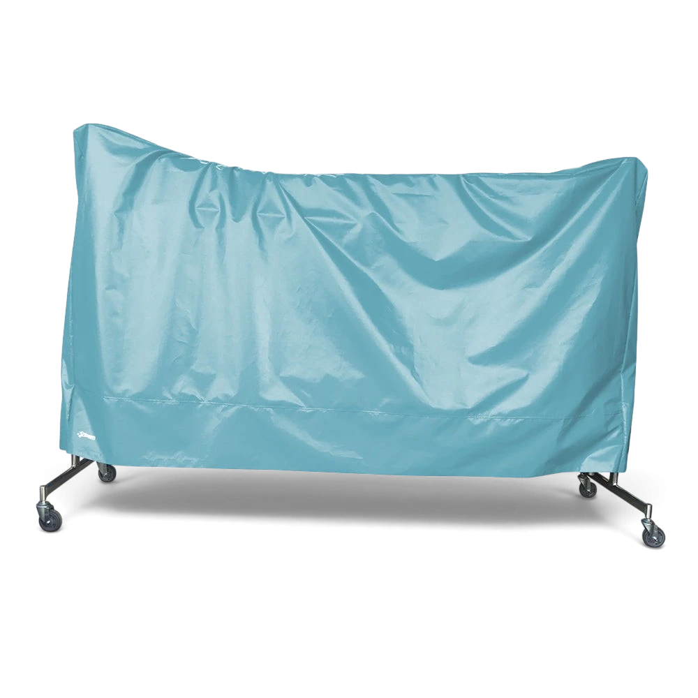 UK Gym Pits light blue tear-resistant PVC trampoline dust cover protecting a trampoline on wheels