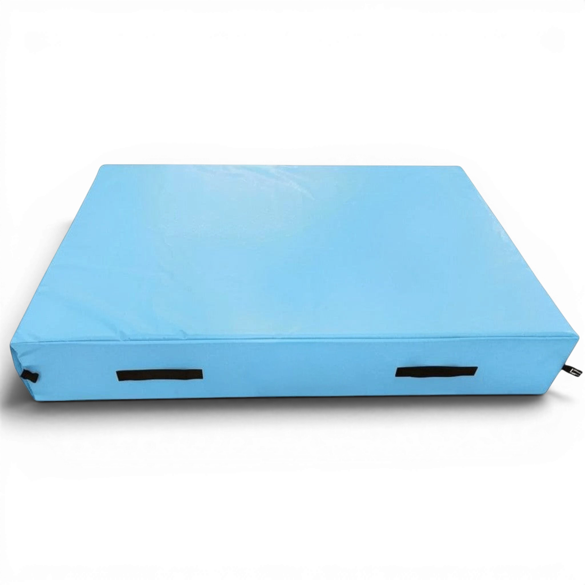 UK Gym Pits blue trampoline end safety crash mat with reinforced handles and anti-slip base for gymnastics training.