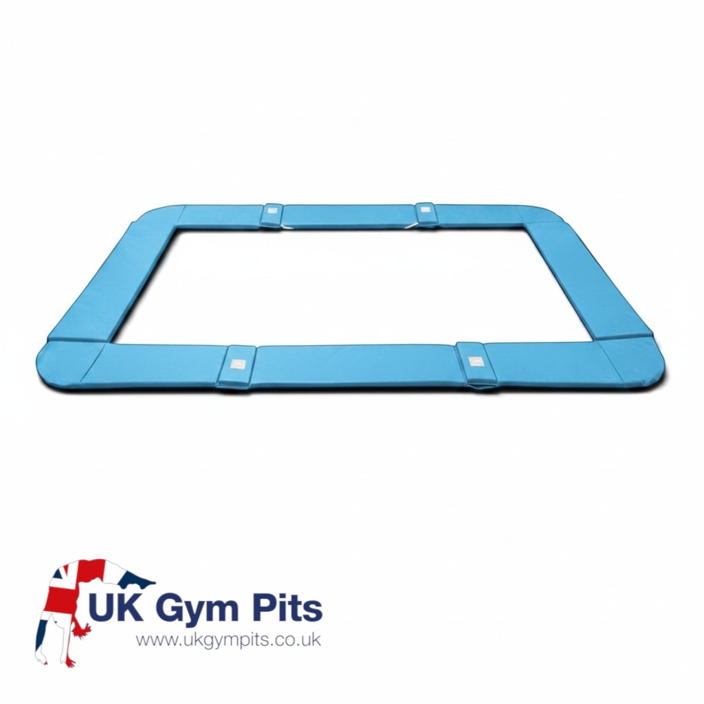 UK Gym Pits blue PVC junior trampoline frame pads with velcro straps for secure attachment