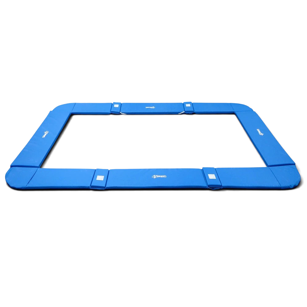 UK Gym Pits blue PVC foam coverall frame pads for junior trampolines with elasticated straps on a black background