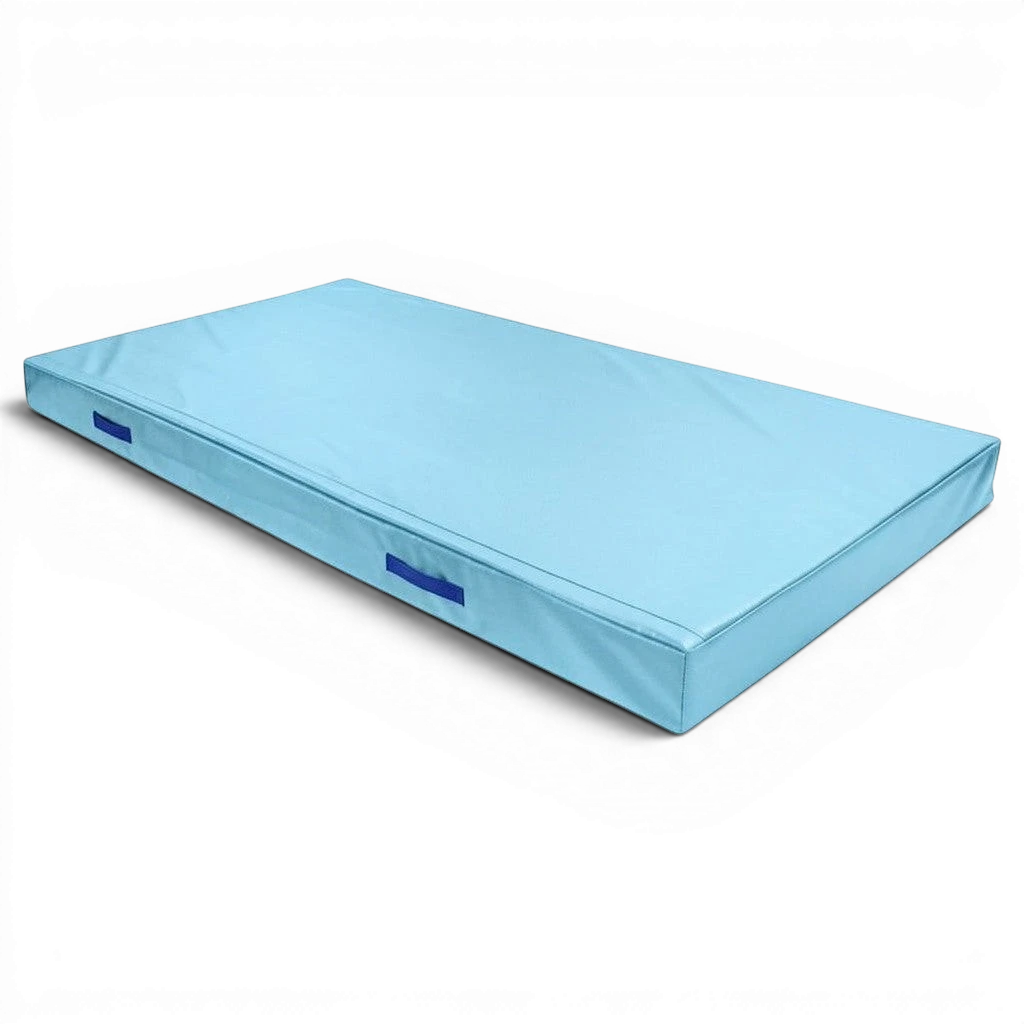 UK Gym Pits light blue FIG specification trampoline push-on safety mat with side handles and PVC cover.