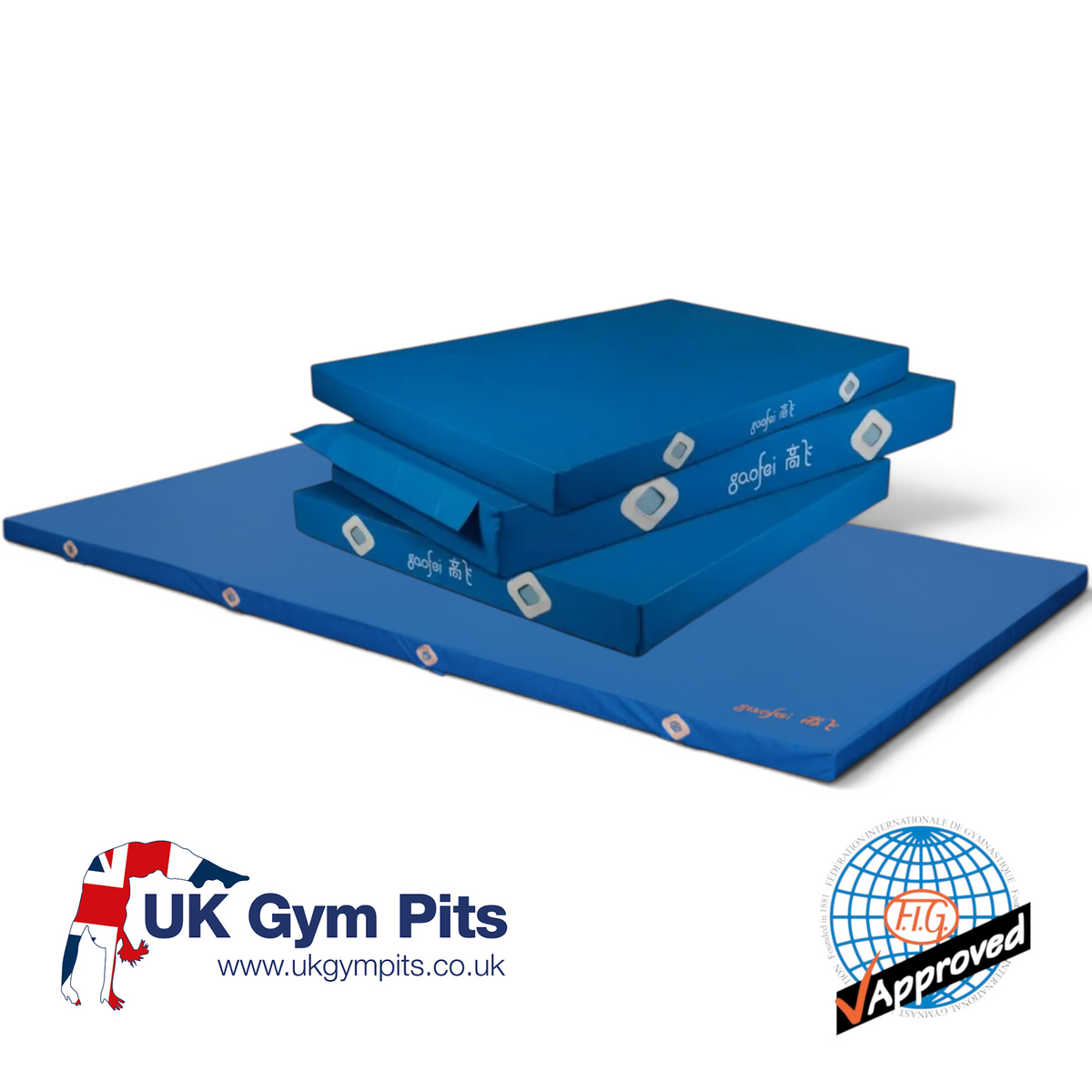 UK Gym Pits blue FIG approved vault landing mats with non-slip base and Velcro locking system for gymnastics training