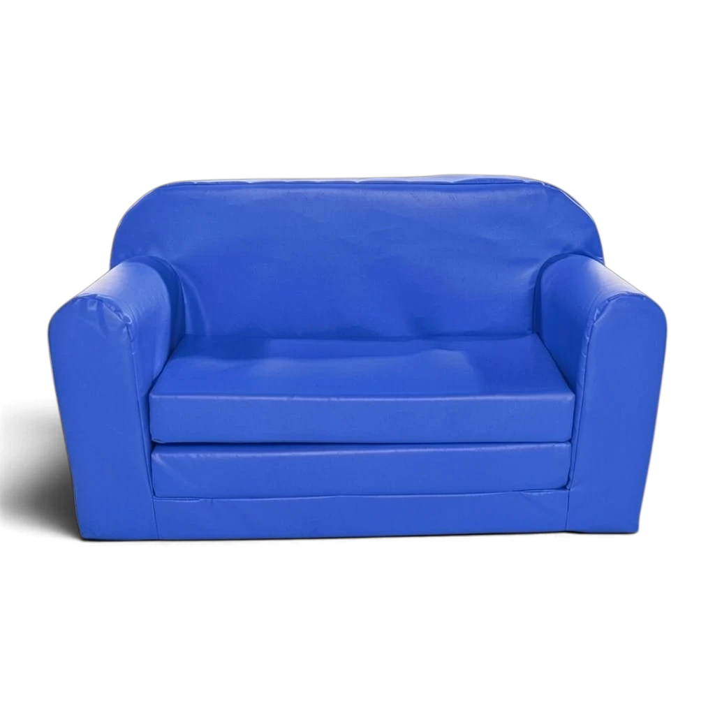 UK Gym Pits blue vinyl soft play sofa bed for children, made from durable foam for schools and home use.