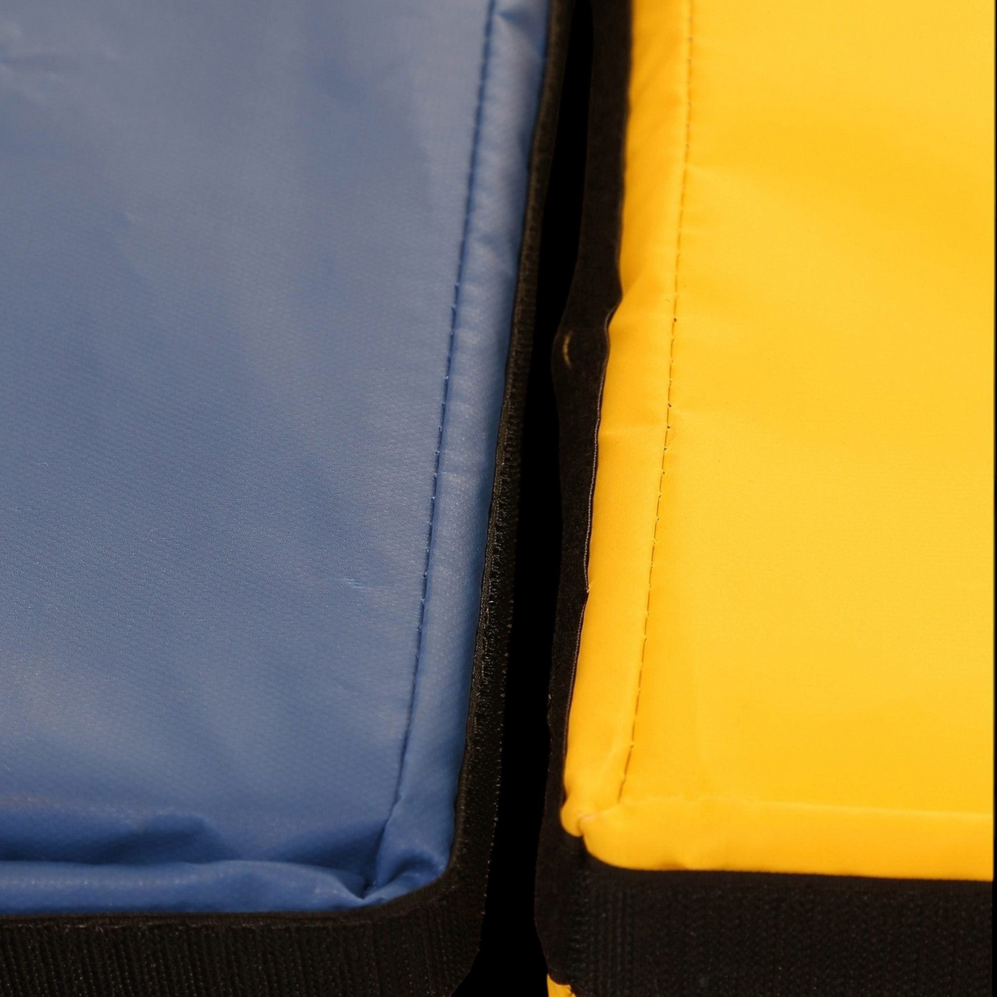 UK Gym Pits blue and yellow PU foam tumbling play mats with velcro connectors for joining soft play surfaces