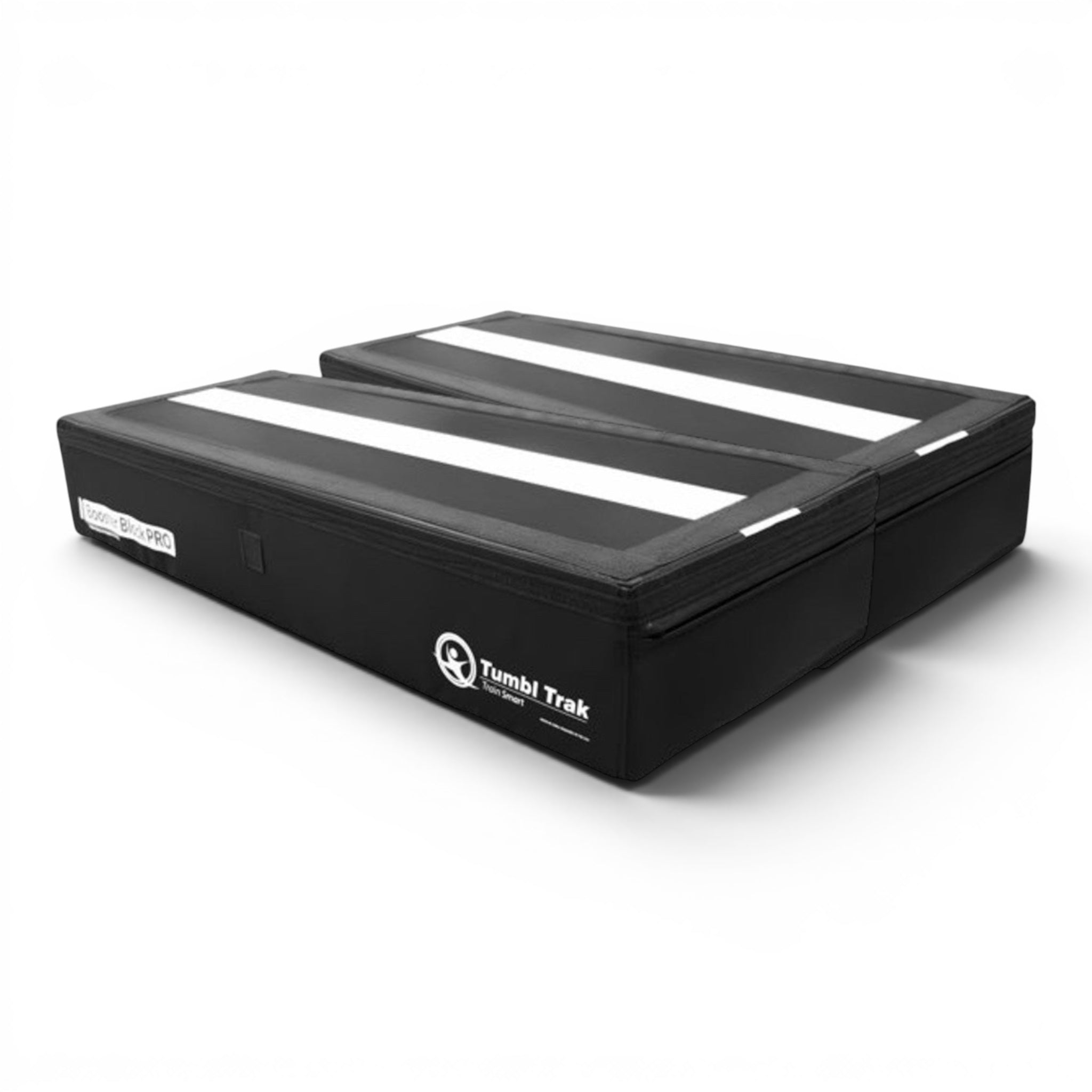 UK Gym Pits Booster Block Pro pair in black vinyl with a white centre guide line for gymnastics and obstacle training.
