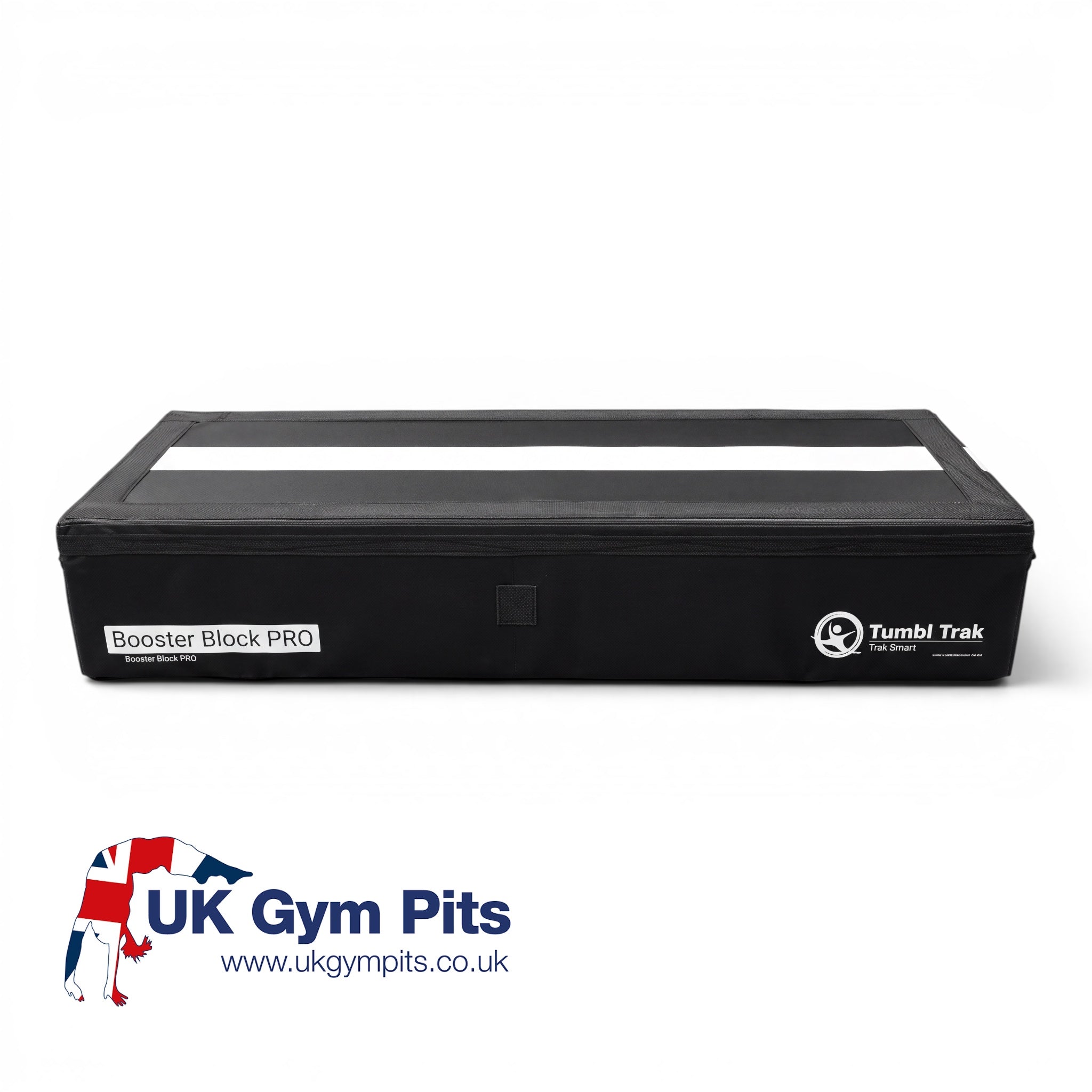 UK Gym Pits black Booster Block Pro with a white centre guide line for gymnastics training and obstacle courses.