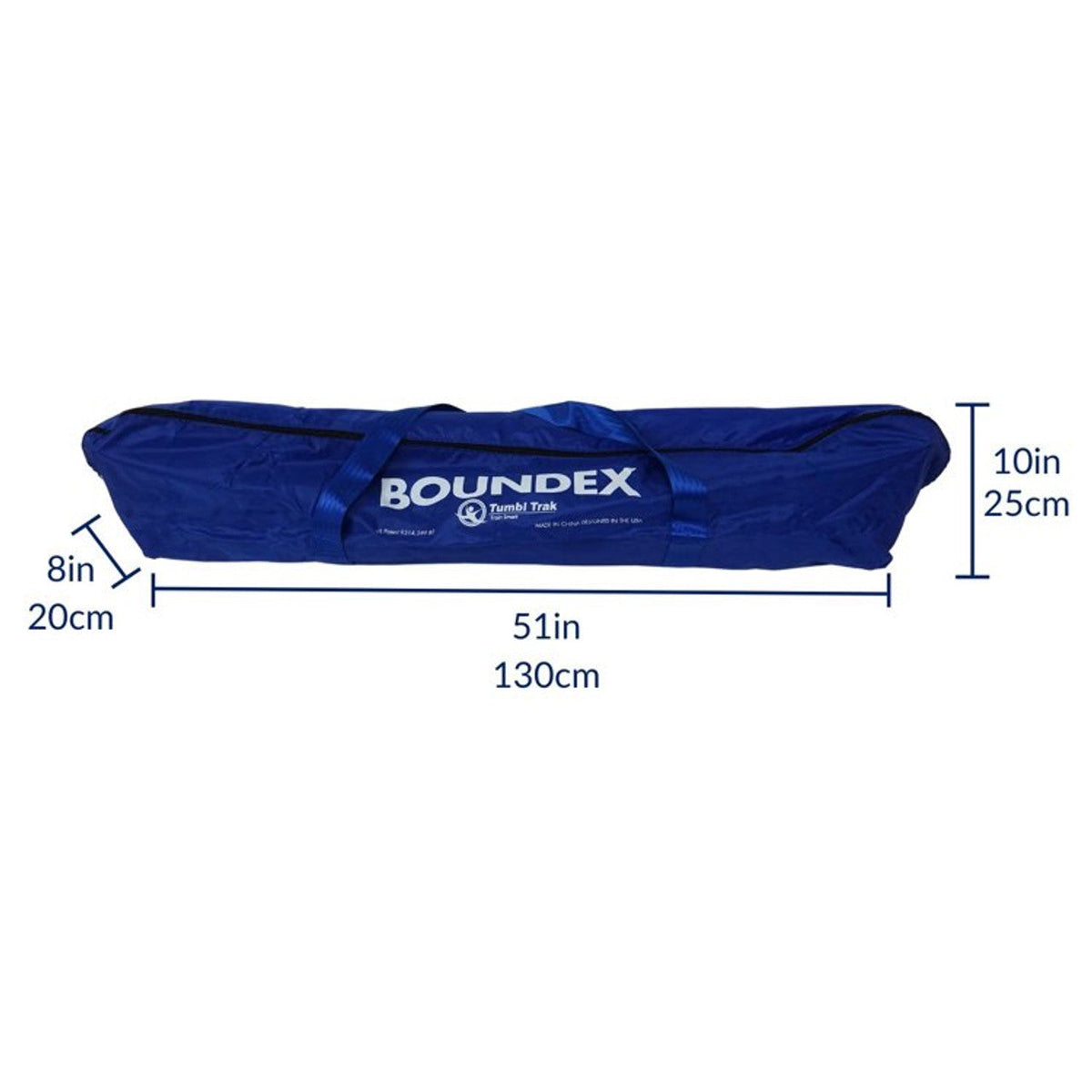 UK Gym Pits Sensory Boundex Cuddle box in a blue storage bag with dimensions labeled for portability