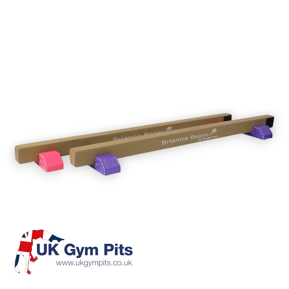 UK Gym Pits Brianna Balance Beam with brown synthetic suede padding and pink and purple studded support legs