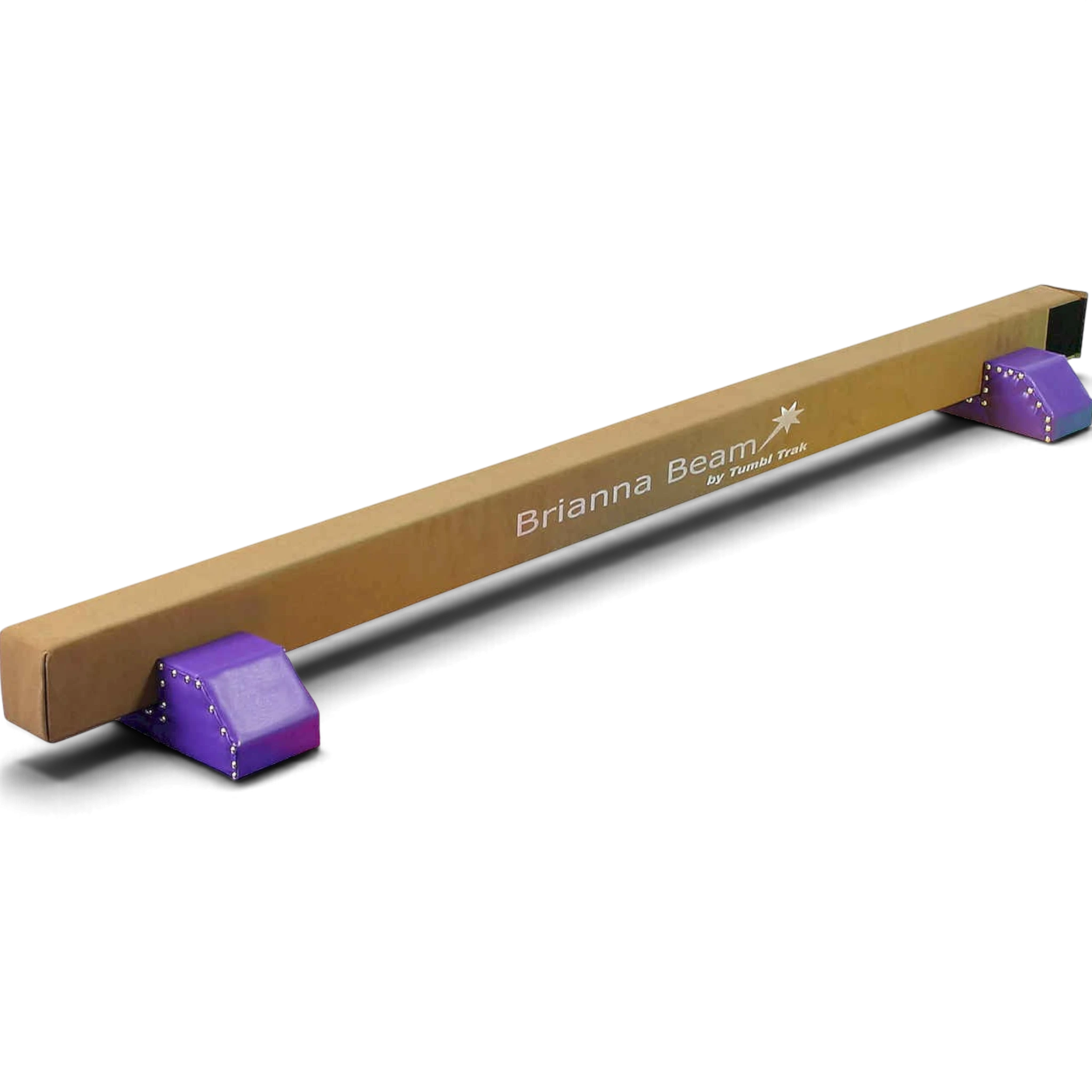 UK Gym Pits Brianna Beam in brown synthetic suede with purple studded leg risers for gymnastics training