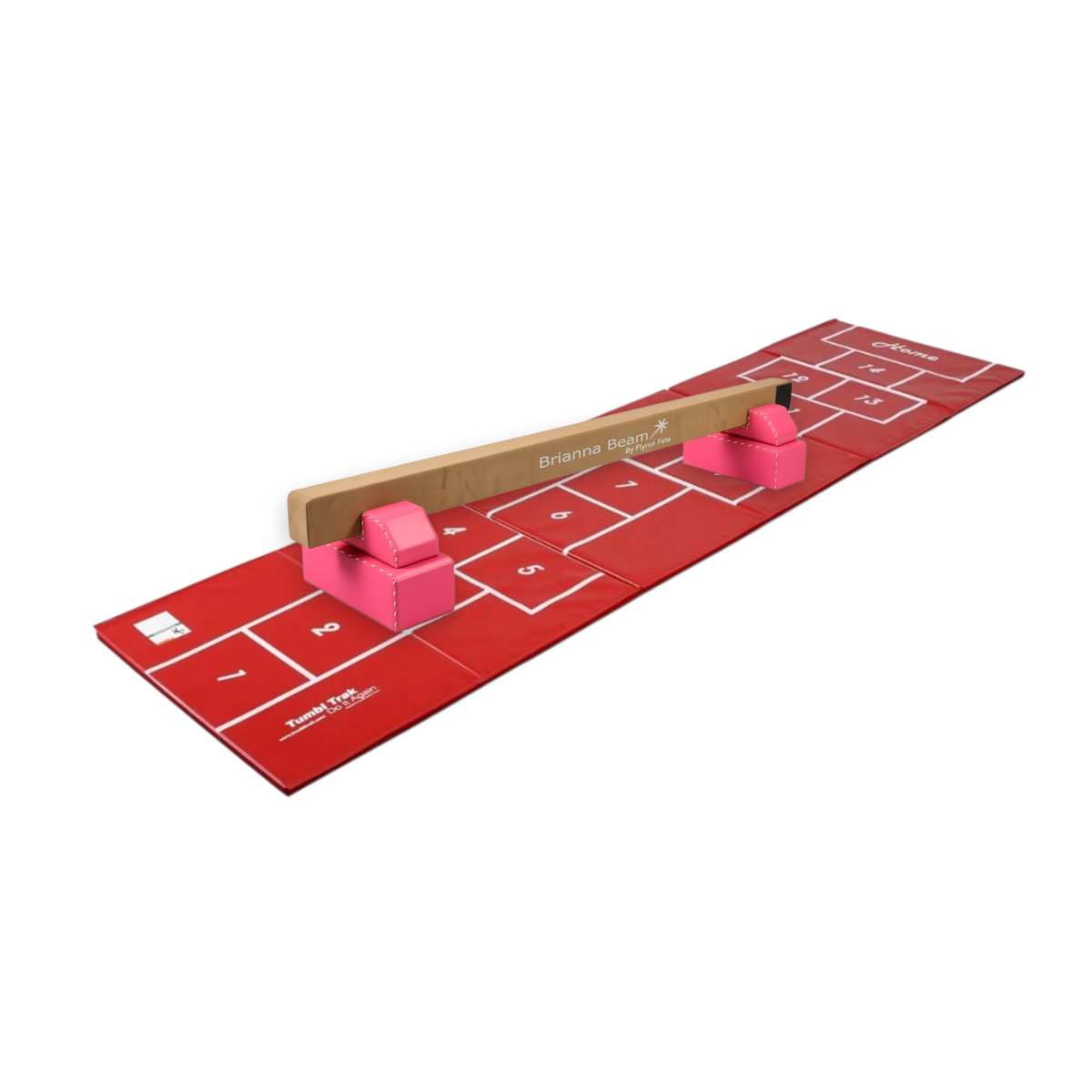 UK Gym Pits Brianna Beam and red hopscotch mat set with pink leg risers for home gymnastics training