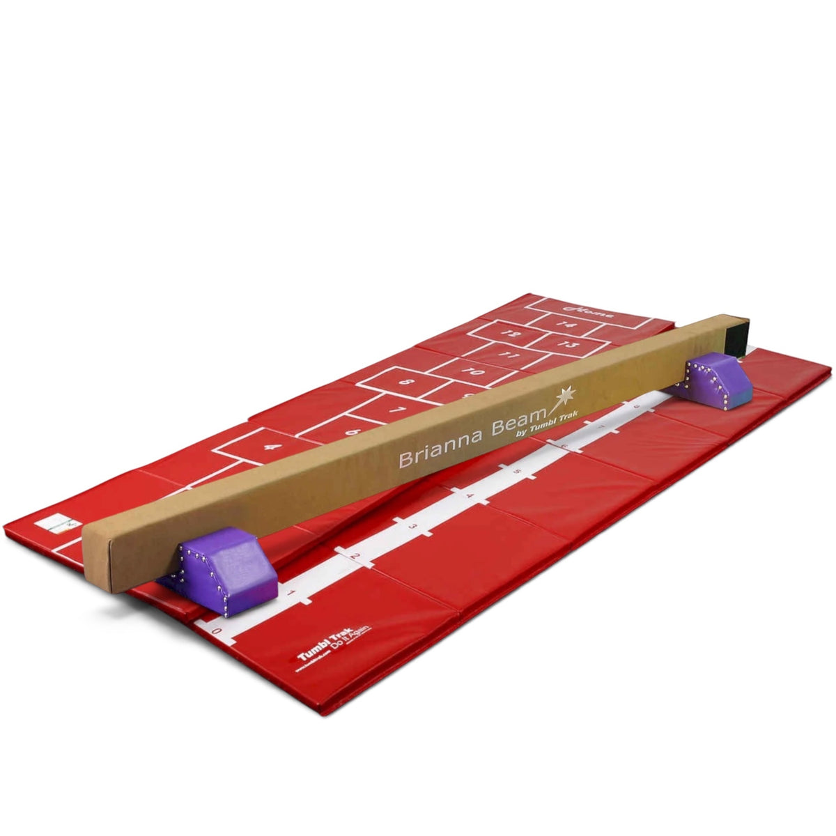 UK Gym Pits Brianna Beam and hopscotch mat set with purple leg risers on a red vinyl folding gymnastics mat.