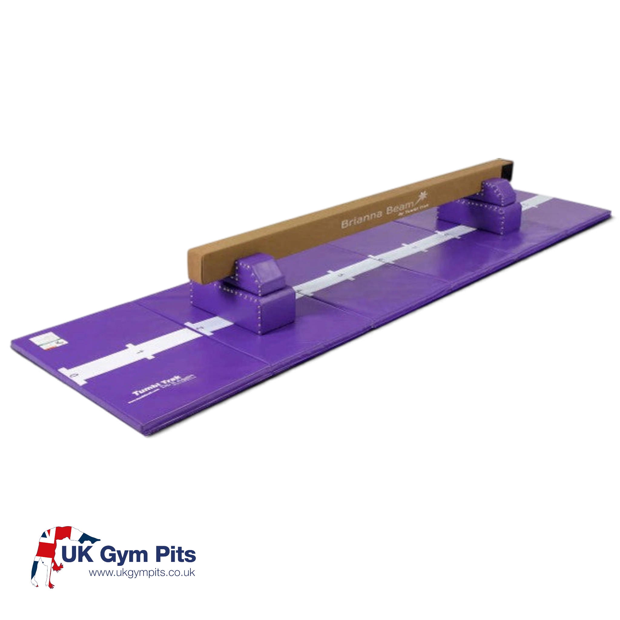 UK Gym Pits Brianna balance beam with purple leg risers and hopscotch mat for home gymnastics training