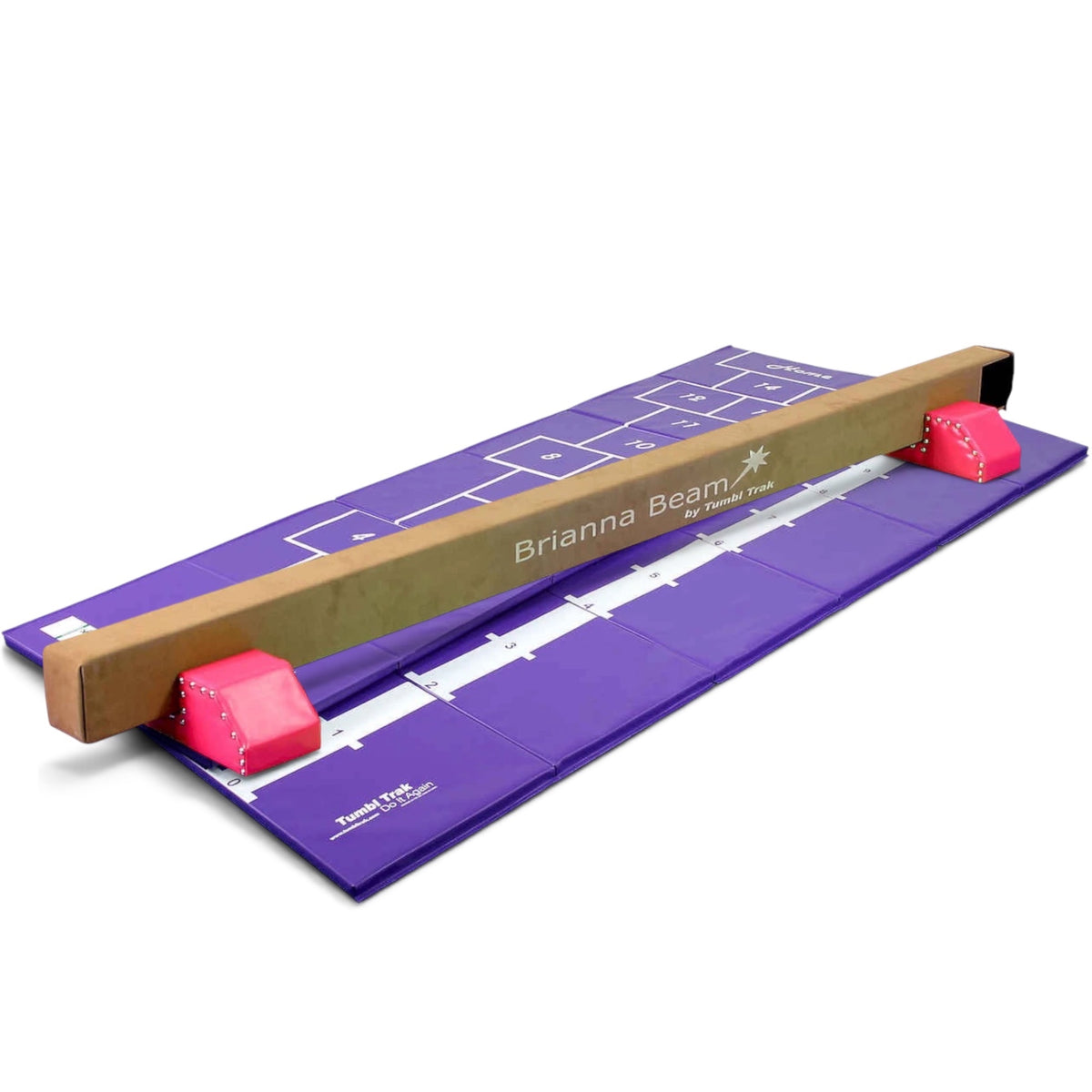 UK Gym Pits Brianna Beam and purple hopscotch mat set for home gymnastics training with pink leg risers.