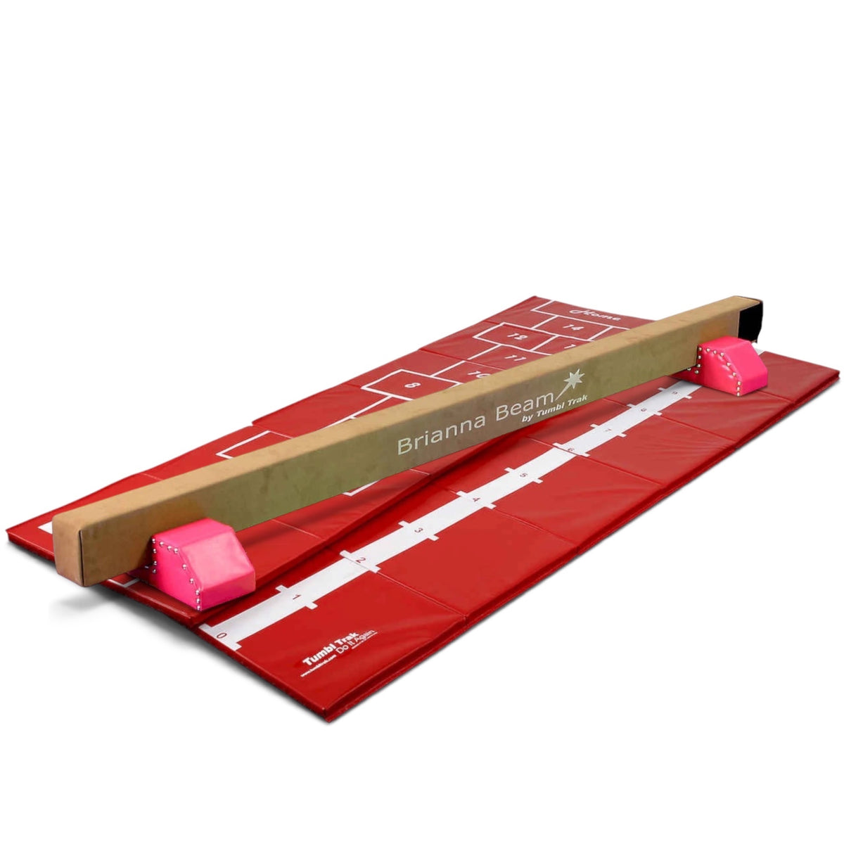 UK Gym Pits Brianna Beam and hopscotch mat set with brown suede balance beam and red vinyl folding gym mat