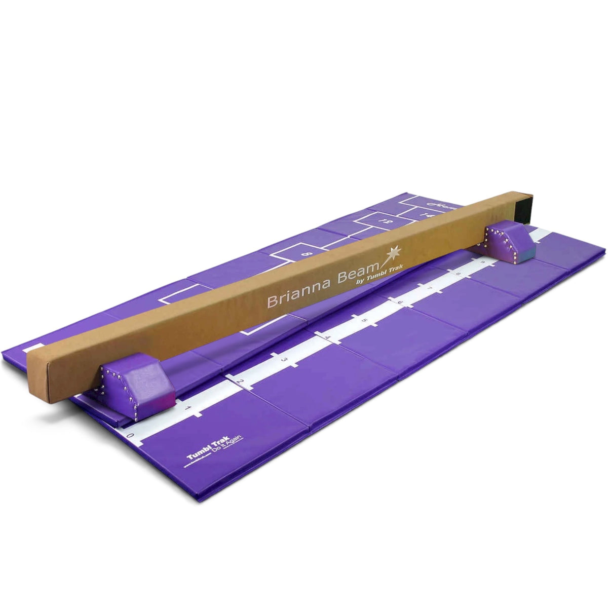 UK Gym Pits Brianna Beam and purple hopscotch mat set for home gymnastics training with leg risers