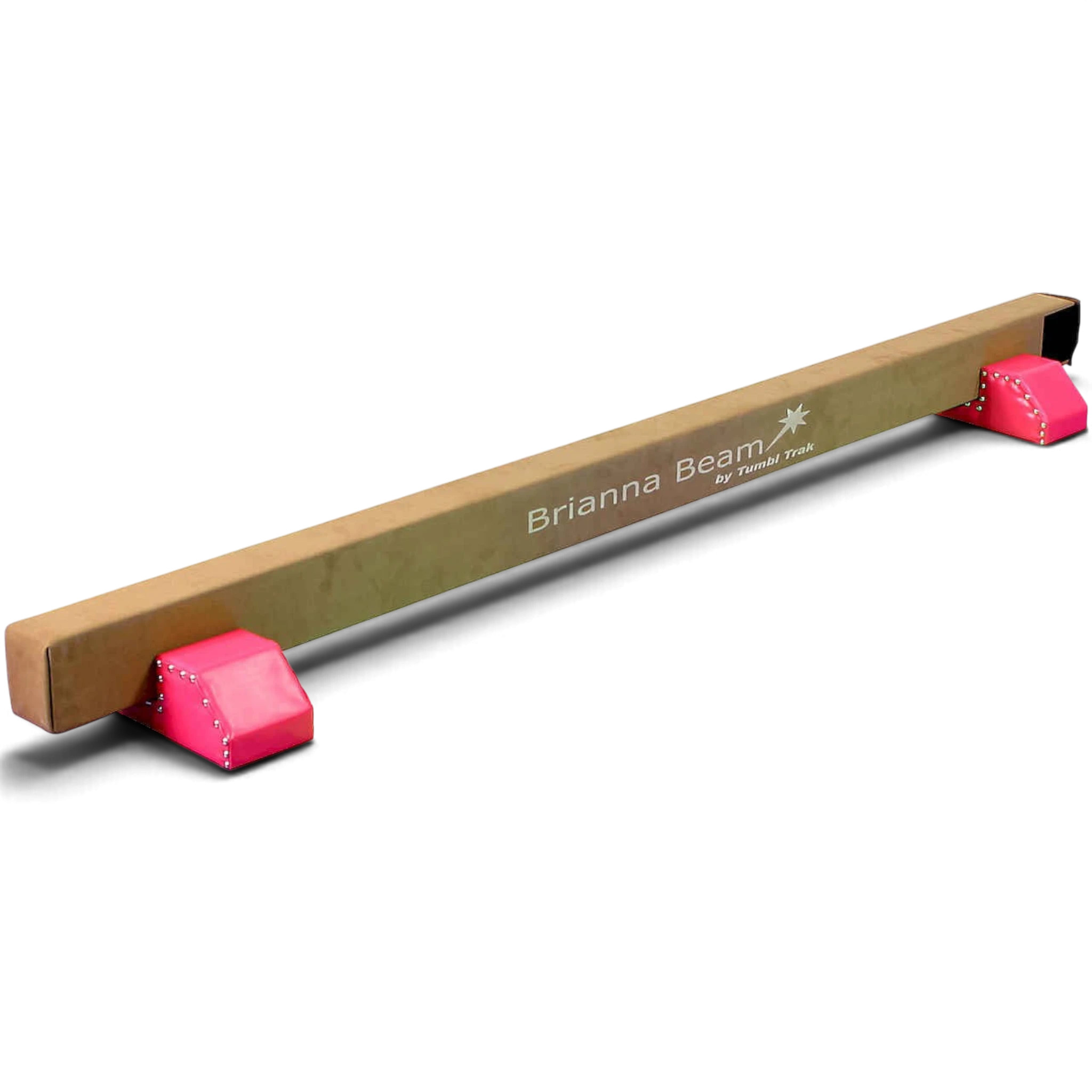 UK Gym Pits Brianna Beam with pink leg supports, featuring brown synthetic suede padding for home gymnastics training.