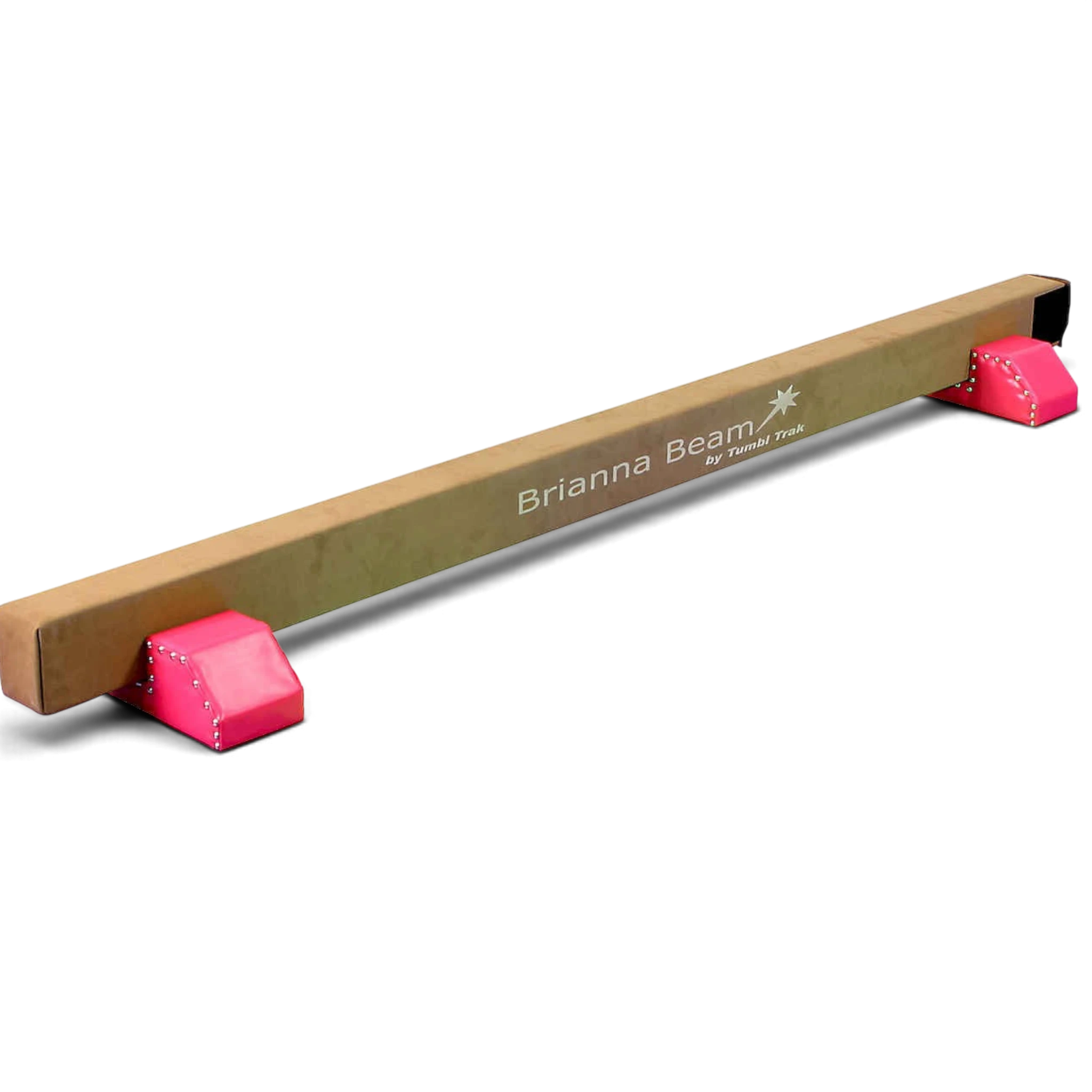 UK Gym Pits Brianna Beam with brown synthetic suede surface and bright pink studded legs for gymnastics training
