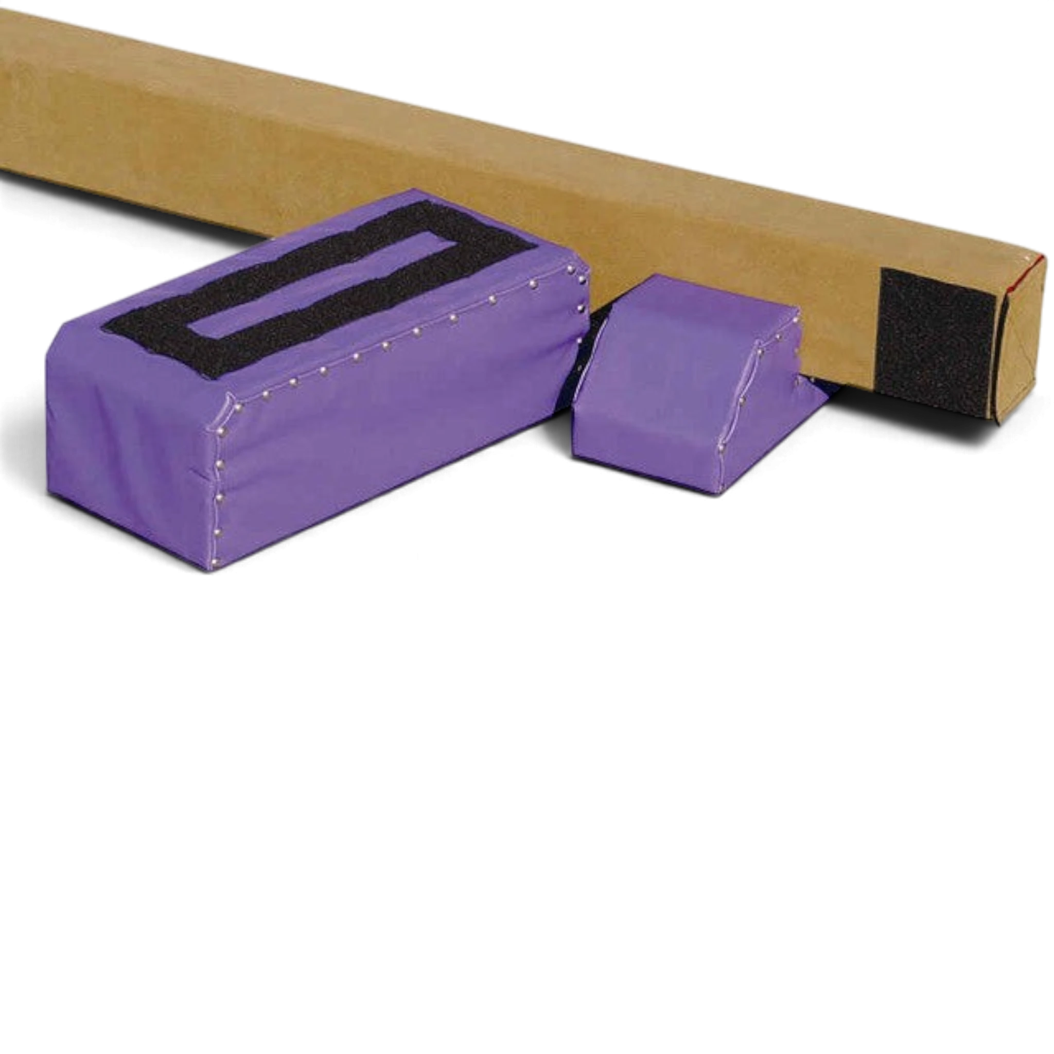 UK Gym Pits Brianna balance beam with purple leg risers and Velcro attachment system for home gymnastics training