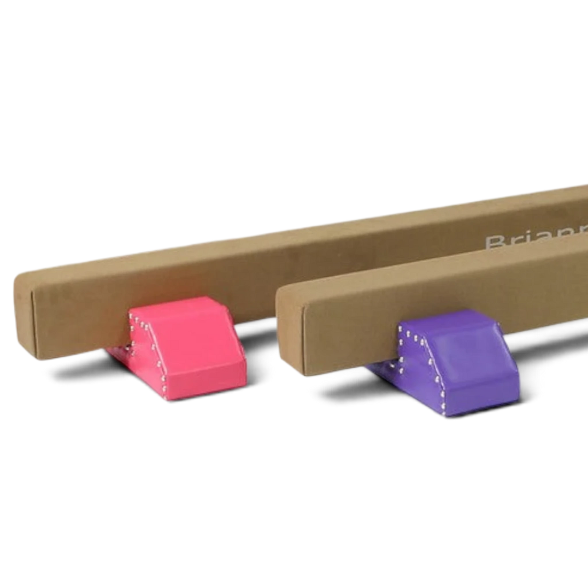 UK Gym Pits Brianna Beam Riser Legs in pink and purple, designed to elevate gymnastics beams by 15cm.