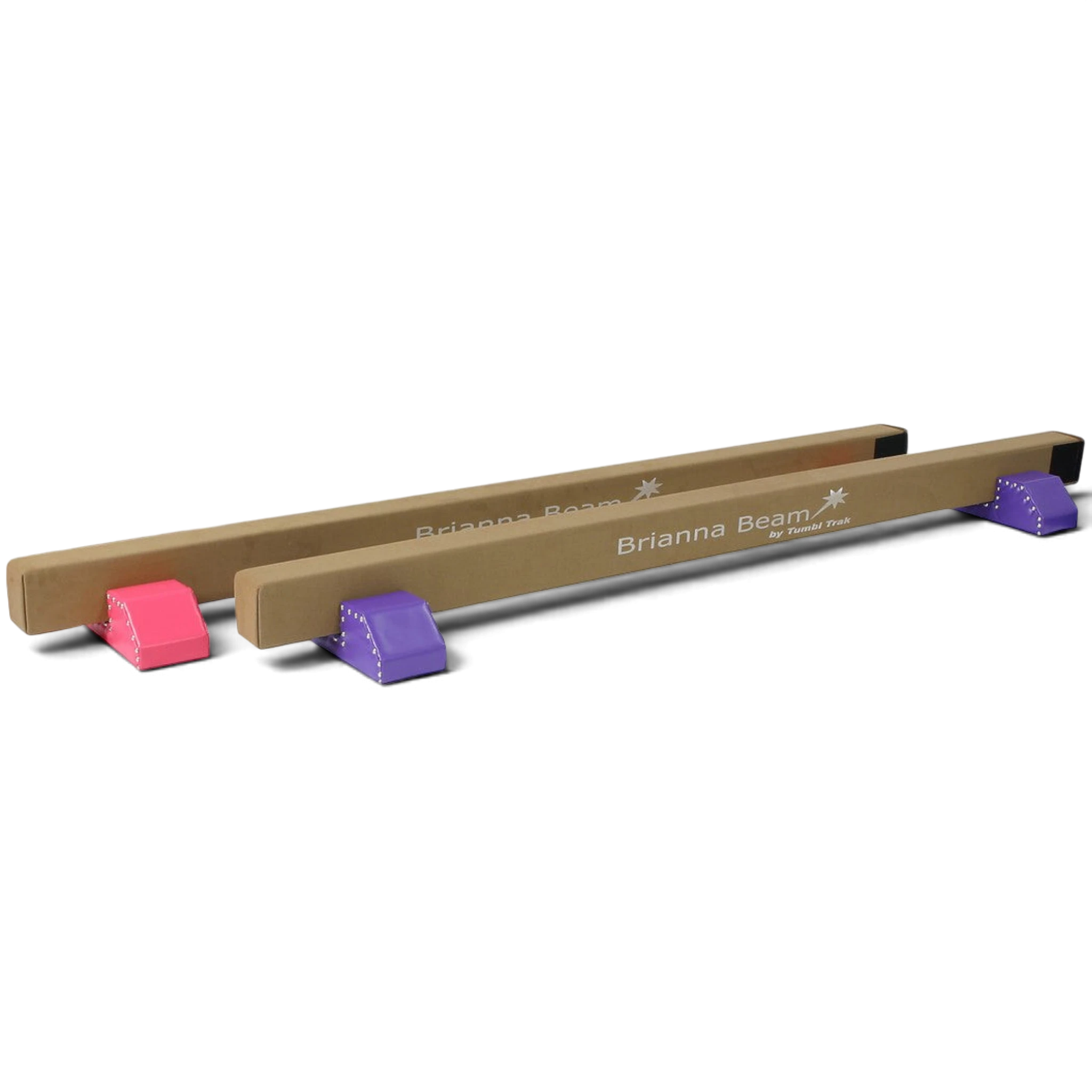 UK Gym Pits Brianna Beam set with brown synthetic suede balance beams and pink and purple studded leg supports.