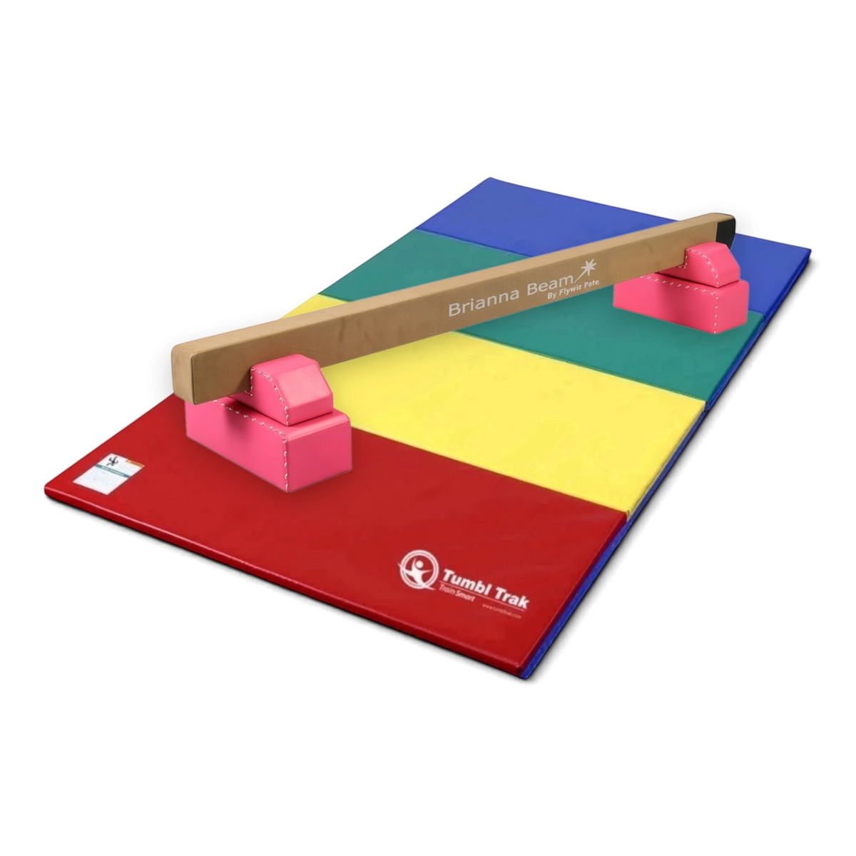 UK Gym Pits Brianna Beam and tumbling mat package with brown suede balance beam on a colourful folding panel mat.