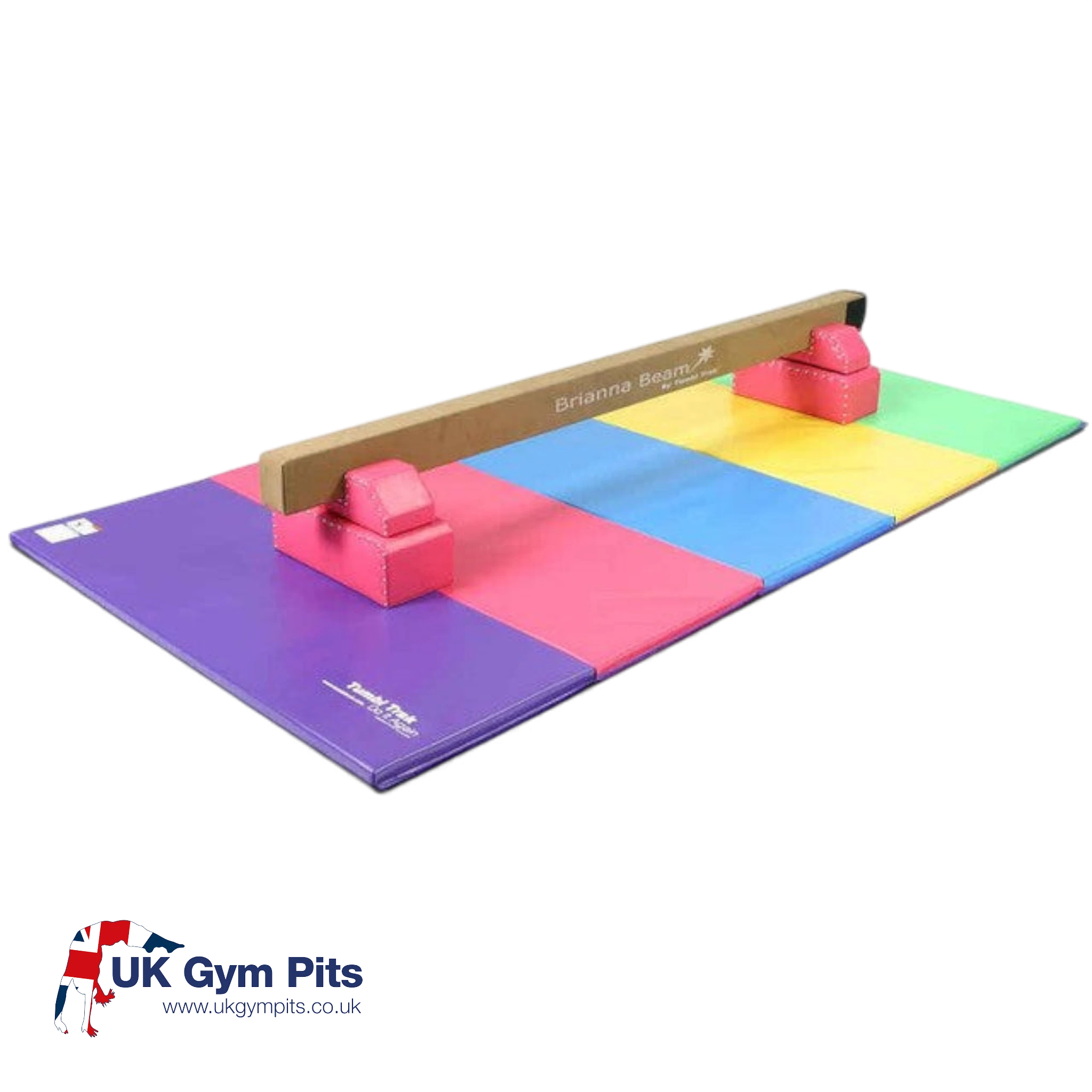 UK Gym Pits Brianna Beam and tumbling mat package featuring a brown suede balance beam with pink legs on a colorful mat