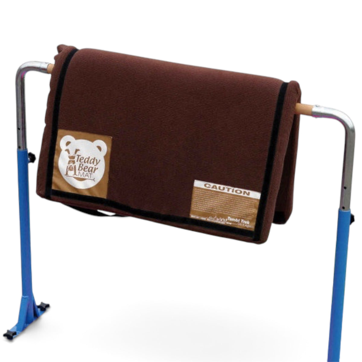 UK Gym Pits brown waffle weave Teddy Bear training mat draped over a gymnastics bar for kids practice