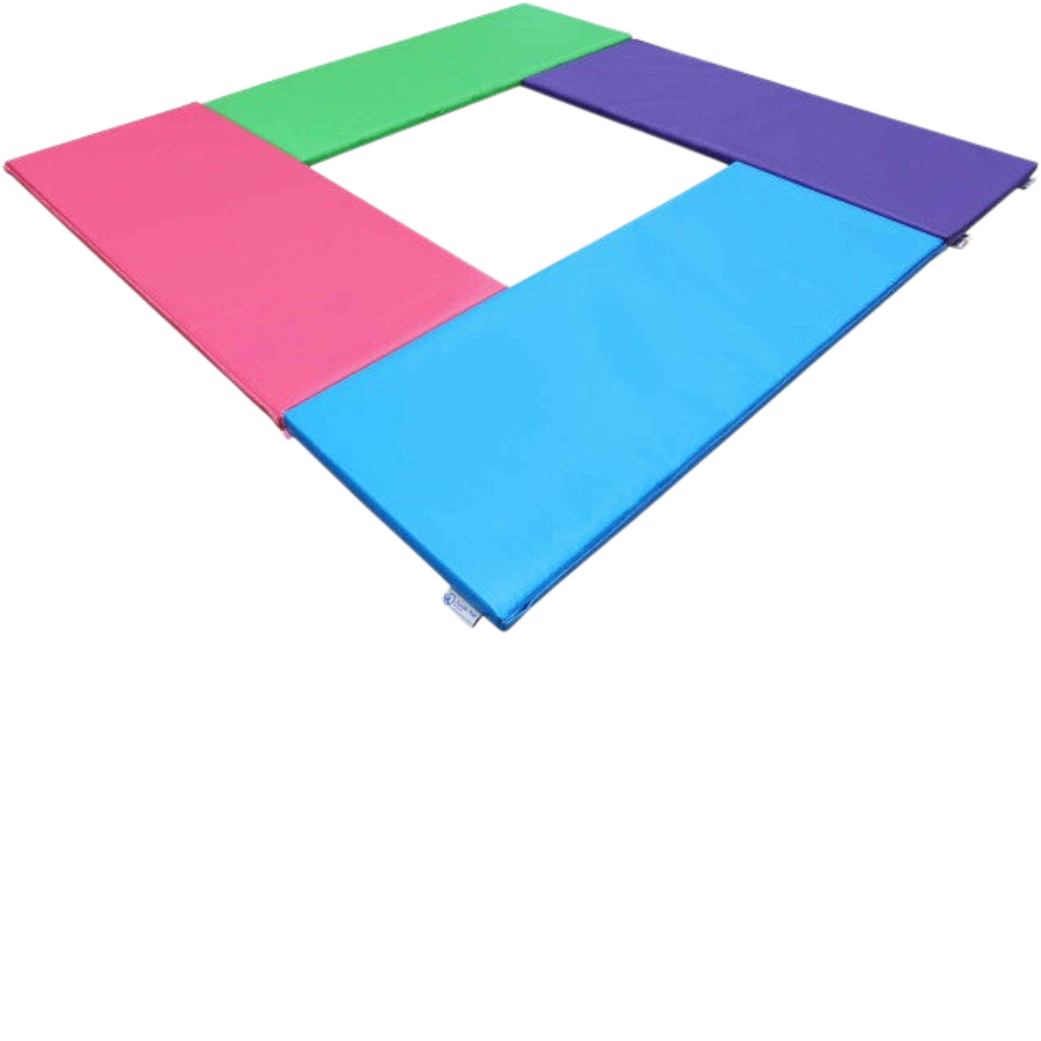 UK Gym Pits Build A Mat panels in pink, green, purple, and blue connected in a square shape for gymnastics training.