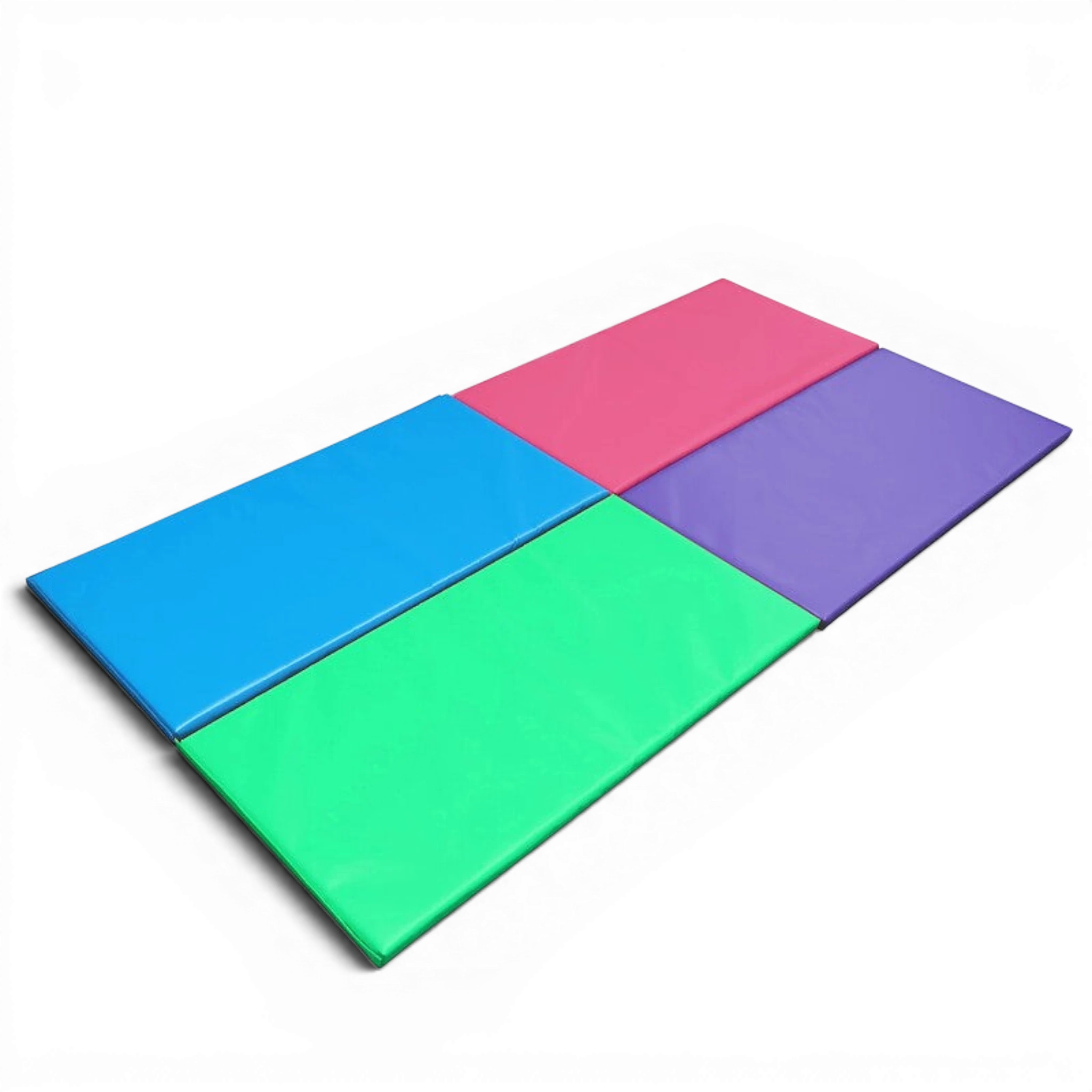 UK Gym Pits colourful Build a Mat gymnastics panels in blue, pink, purple, and green arranged on a black background