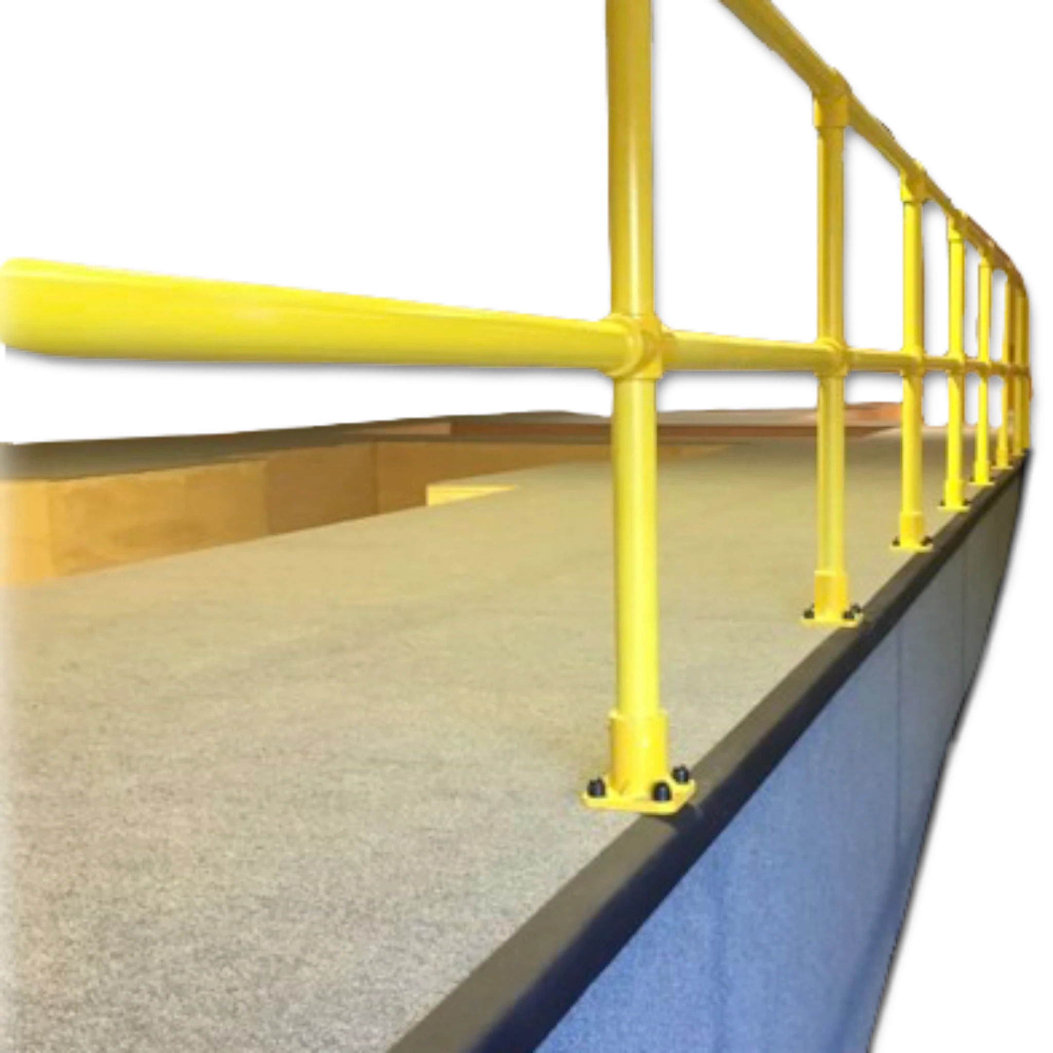 UK Gym Pits carpet tile installation with yellow safety railing on a grey carpeted platform