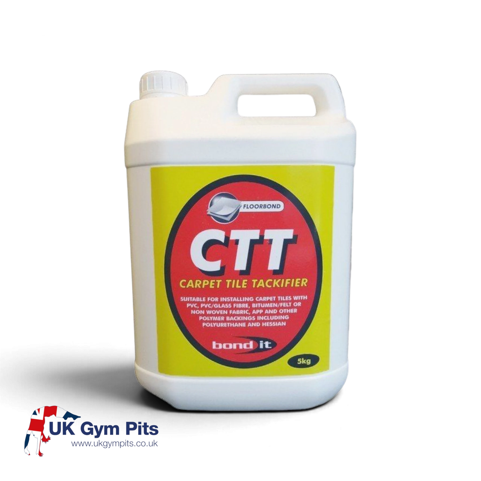 UK Gym Pits 5kg white plastic container of CTT carpet tile tackifier adhesive for loose lay flooring installation.