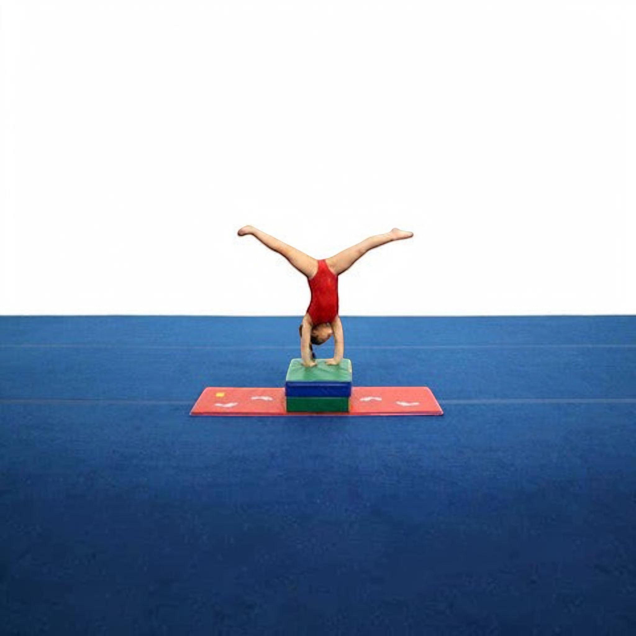 UK Gym Pits cartwheel beam mat with hand and foot guides being used by a young gymnast in a red leotard