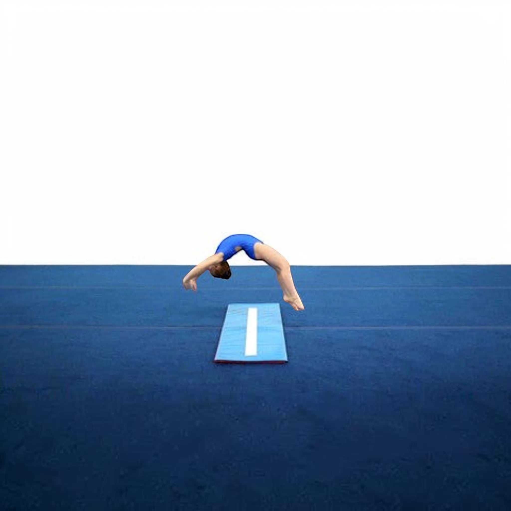 UK Gym Pits cartwheel beam mat with white stripe, used by a young gymnast in a blue leotard for tumbling practice.