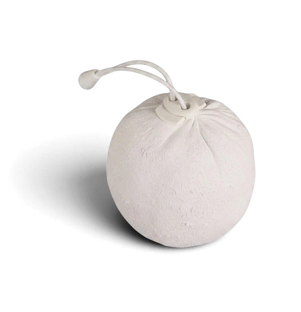 UK Gym Pits white powdered chalk ball in a cotton sack with a drawstring for improved grip in gymnastics and climbing
