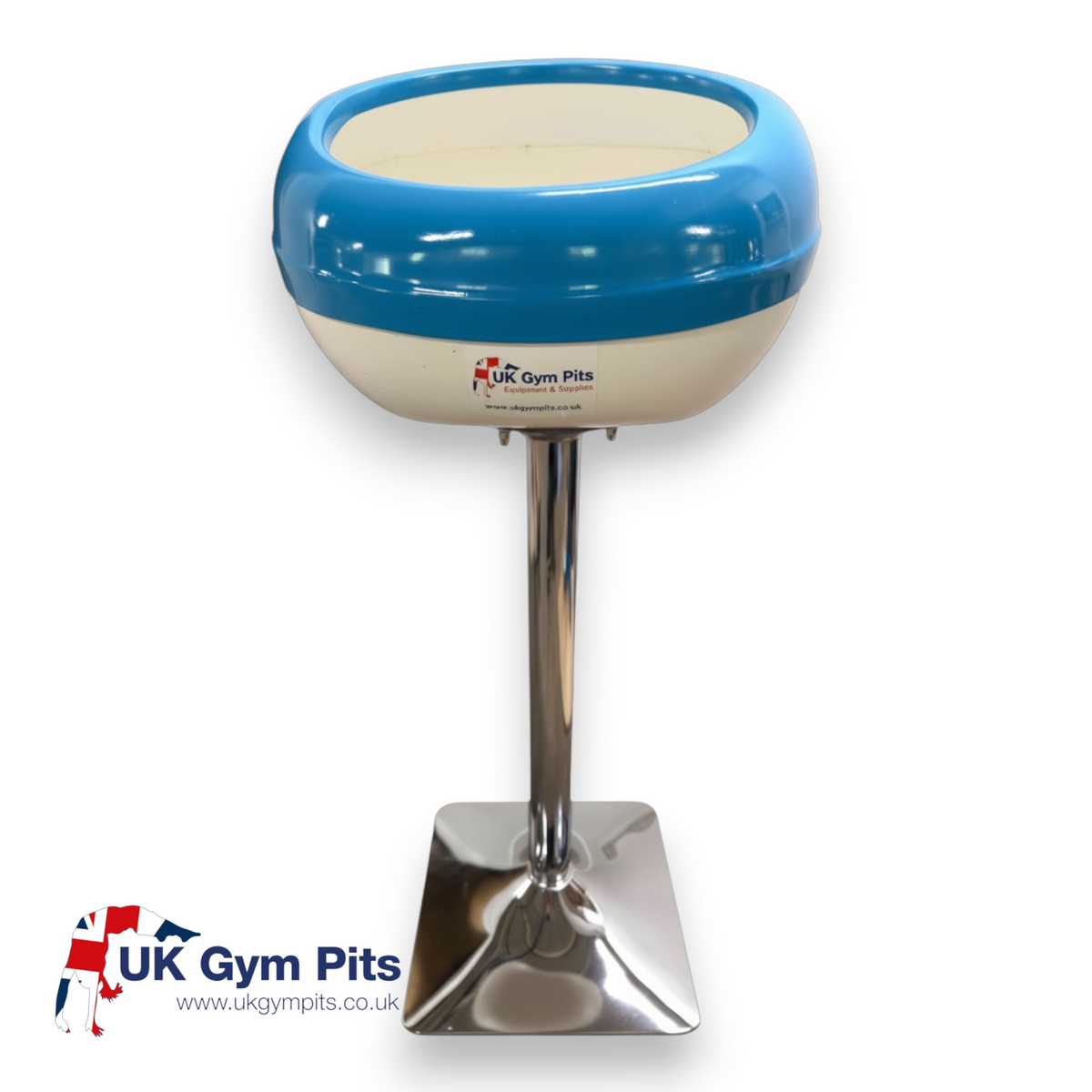UK Gym Pits semi-circular chalk bowl with a blue and white basin on a sturdy chrome stand for gymnastics training