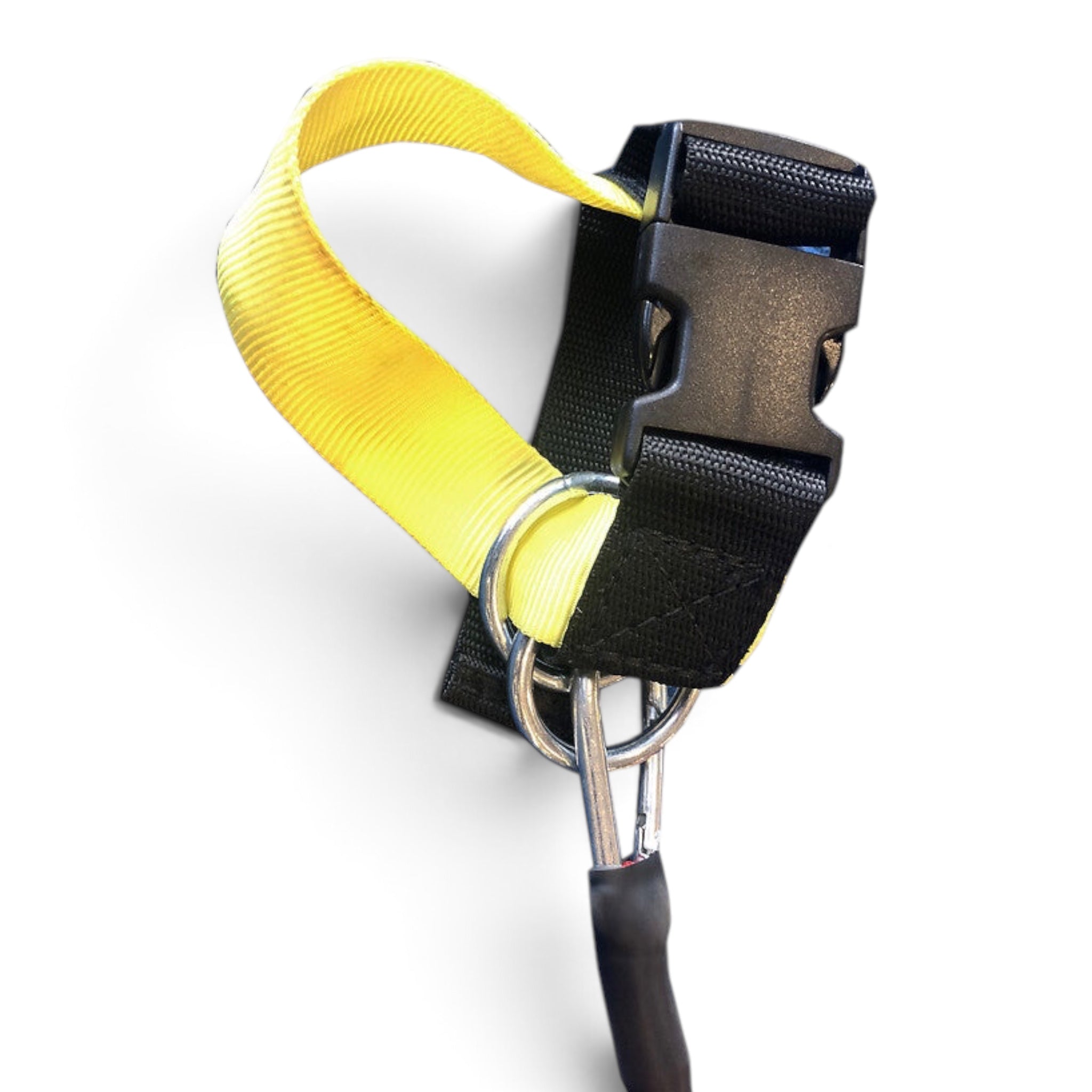 UK Gym Pits cheerleading ankle strap with yellow nylon webbing, black buckle, and metal ring for bungee attachment.