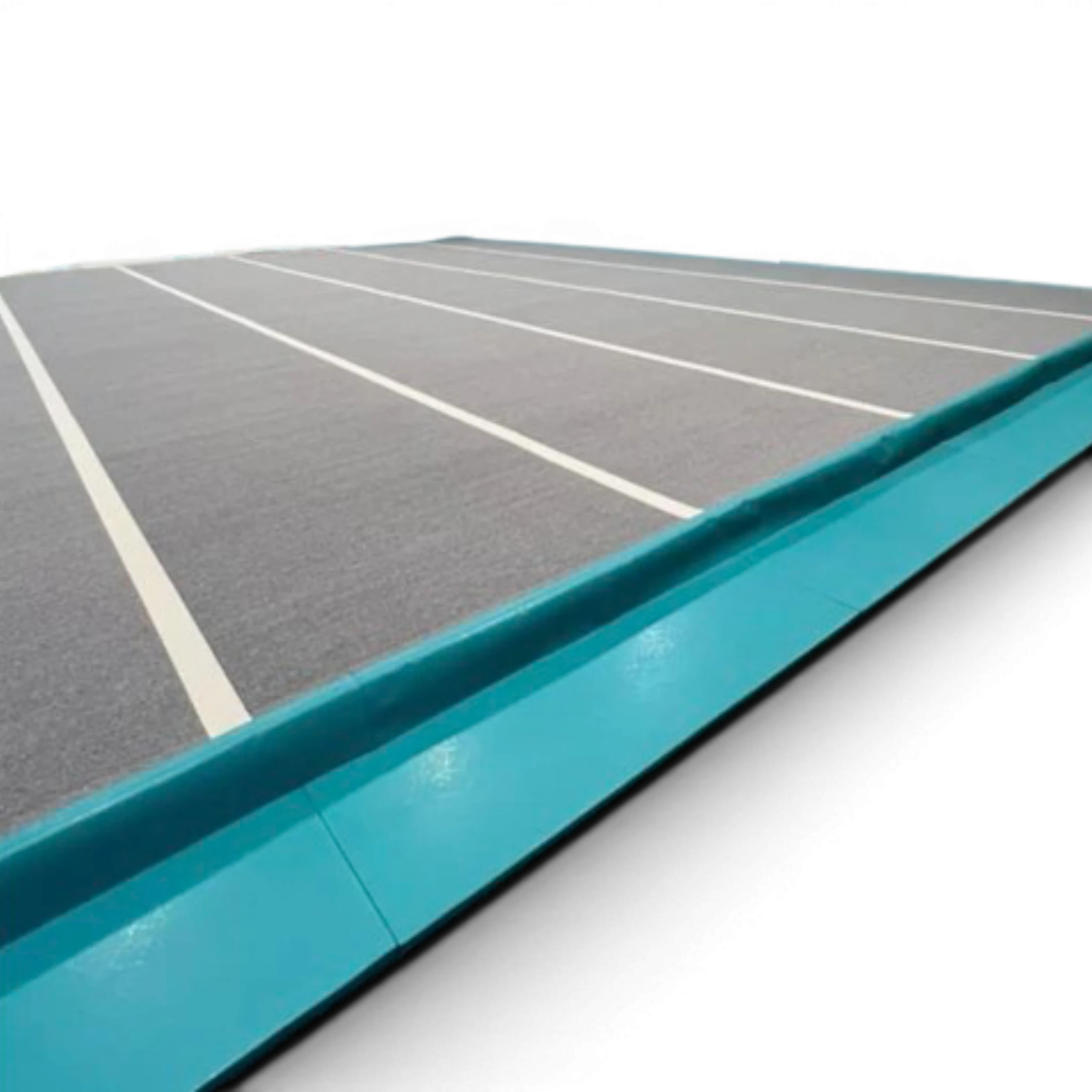 UK Gym Pits cheerleading sprung floor with grey carpet surface, white boundary lines, and teal protective side skirts.
