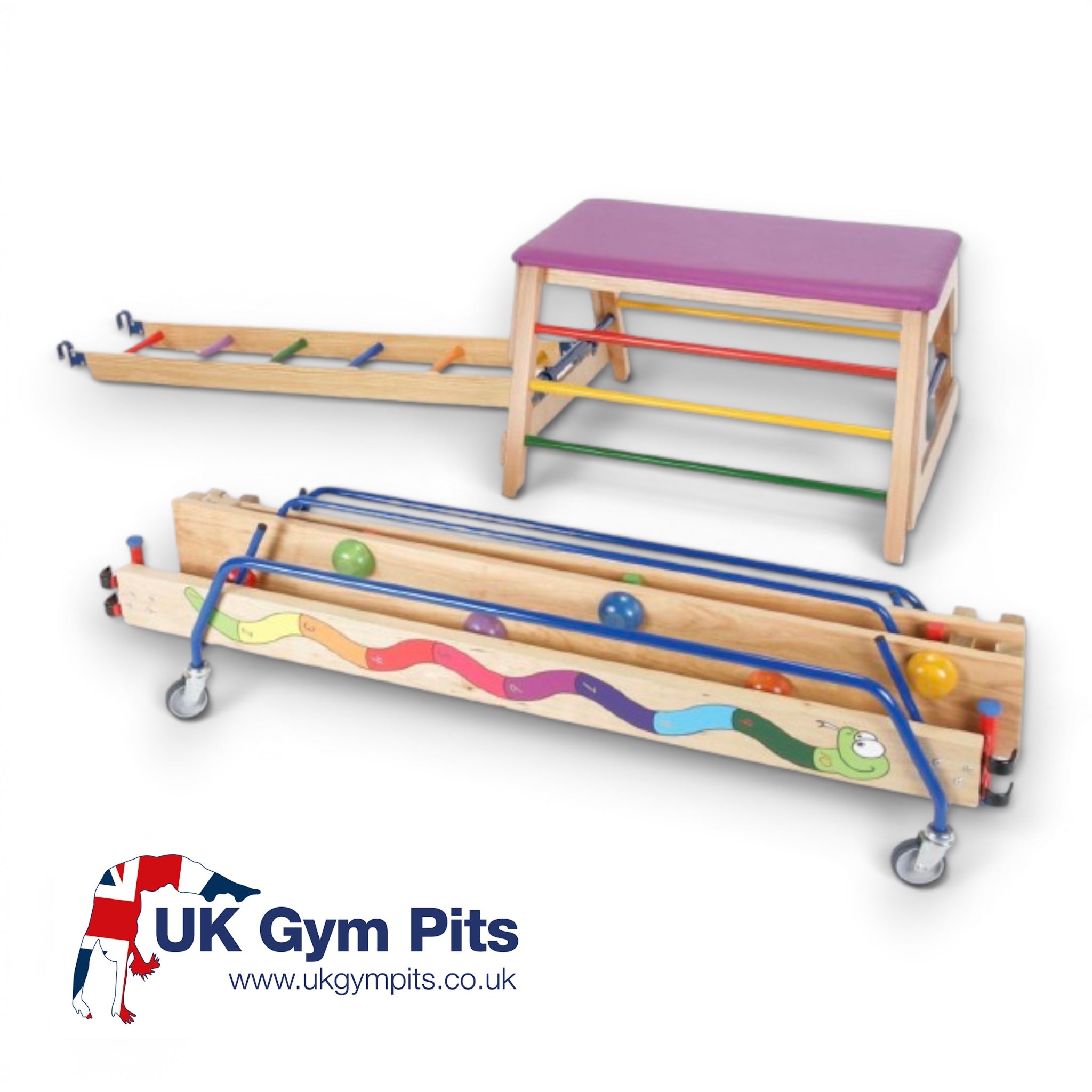 UK Gym Pits 6-piece children's agility set featuring wooden balance beams, ladder, bar box, and storage trolley.