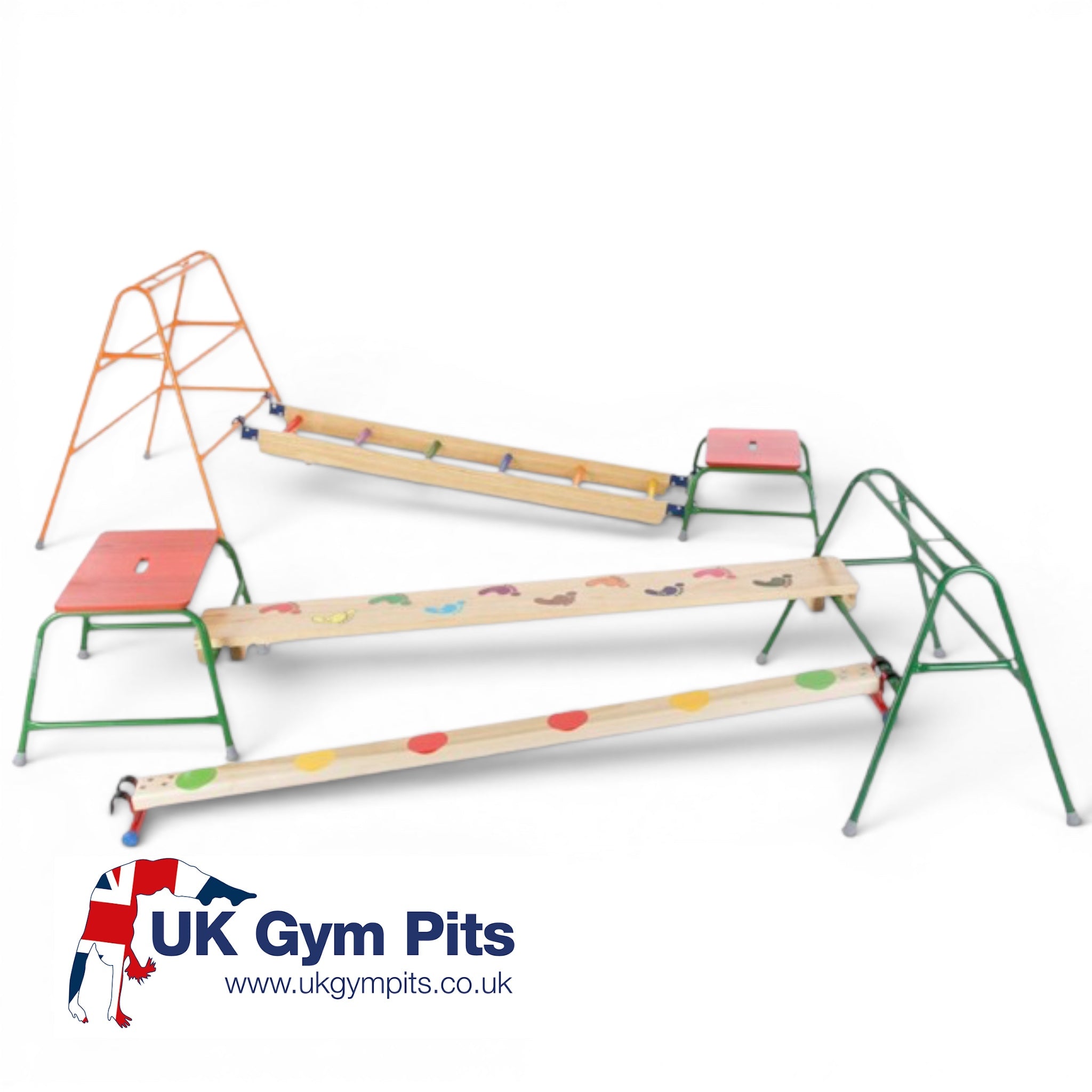 UK Gym Pits 7-piece children's agility set with timber and steel stools, trestles, ladder, and balance beams.