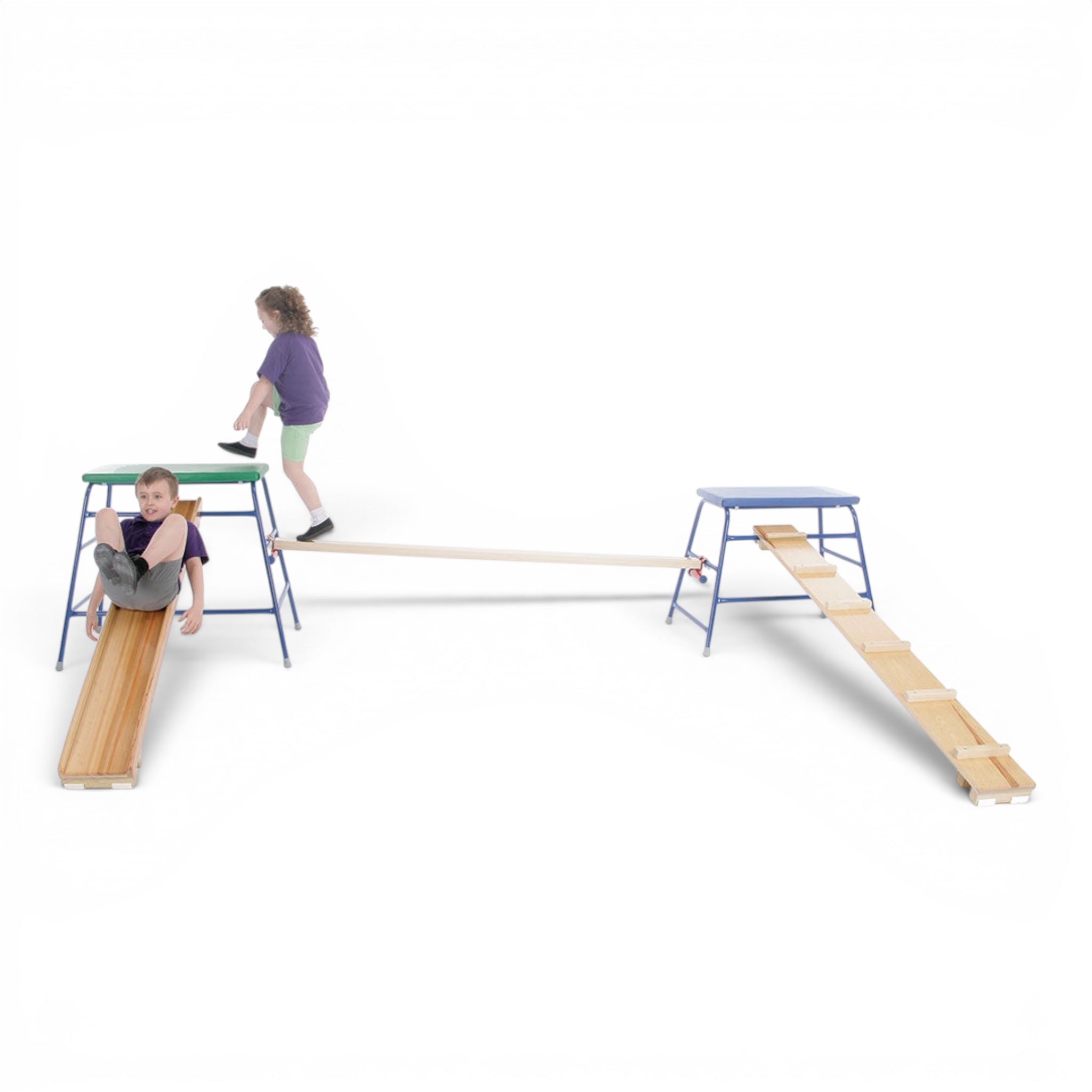 UK Gym Pits 5-piece children's agility set with timber planks, linking beam, and tables for gymnastics play.