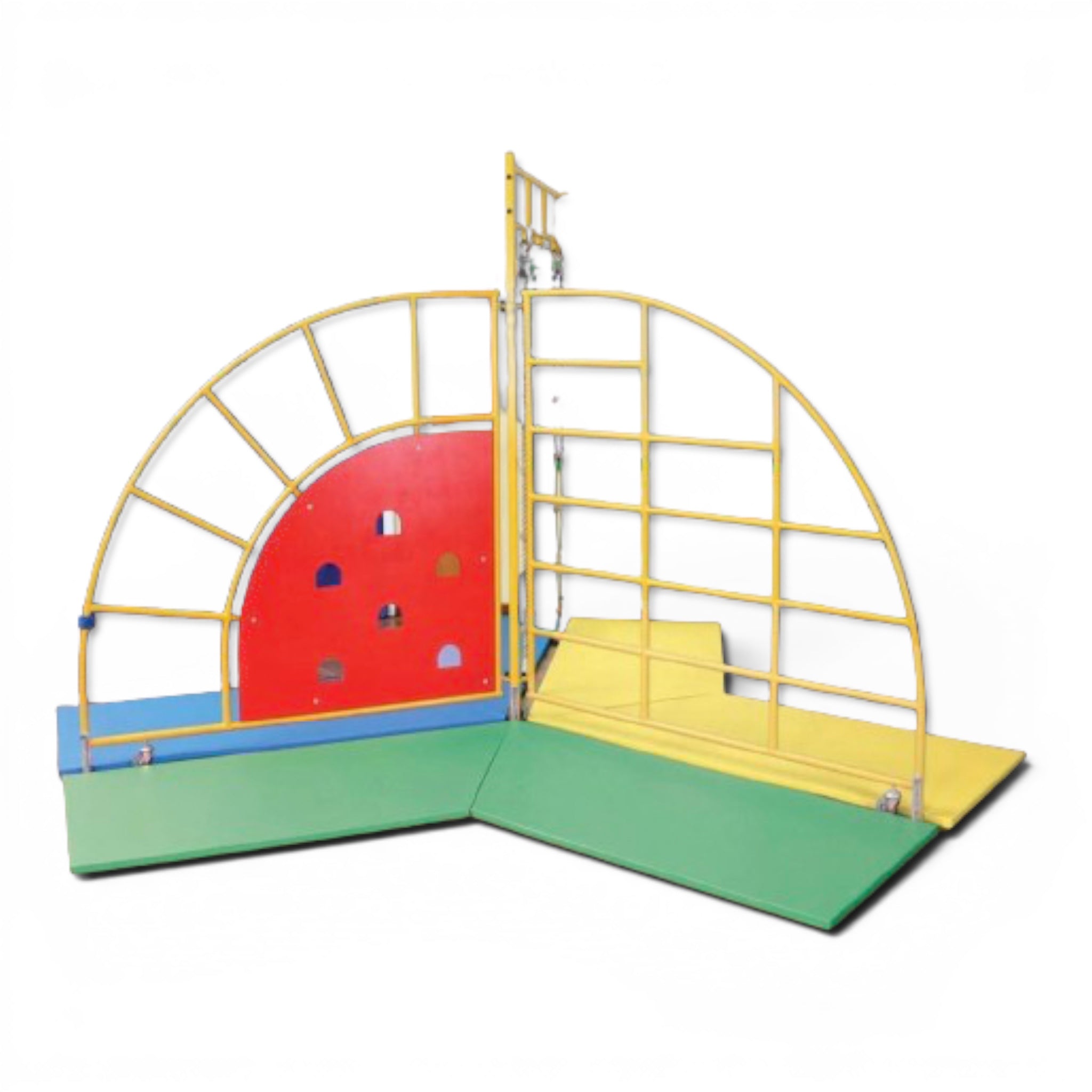 UK Gym Pits children's yellow steel climbing frame with a red climbing wall and multi-colored safety play mats.