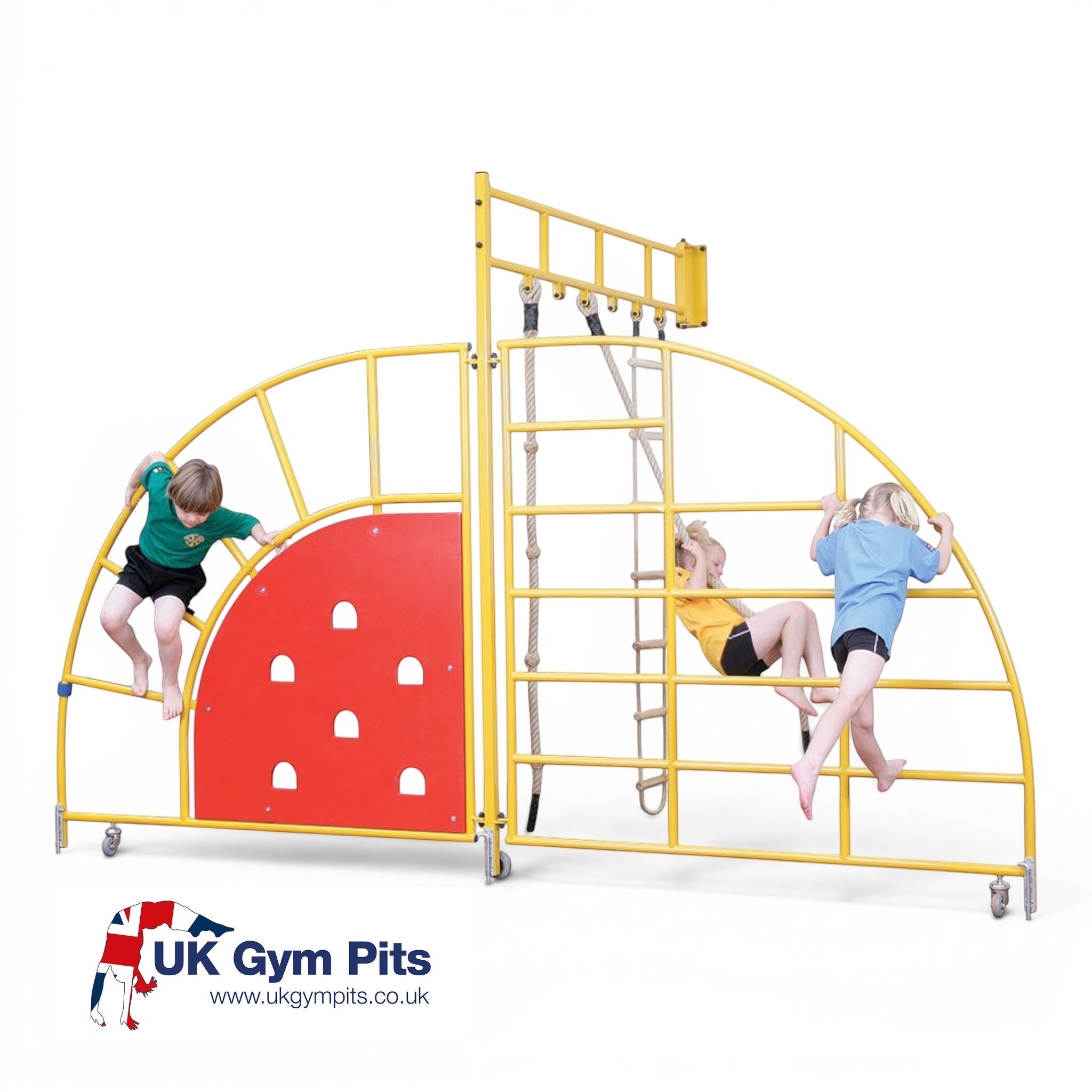 UK Gym Pits steel climbing frame with a red climbing wall and ladder in a studio.