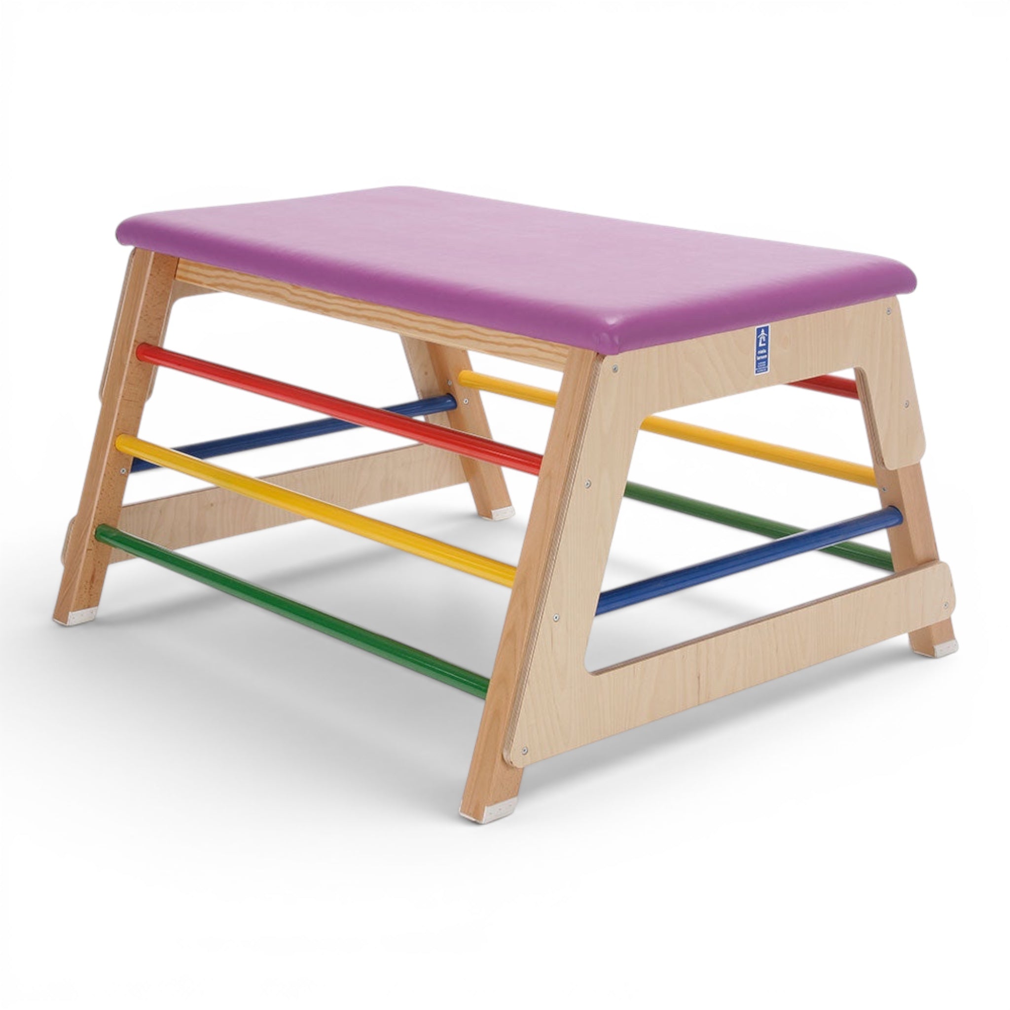 UK Gym Pits children's gymnastics agility stool with a purple padded top, wooden frame, and colorful rungs.