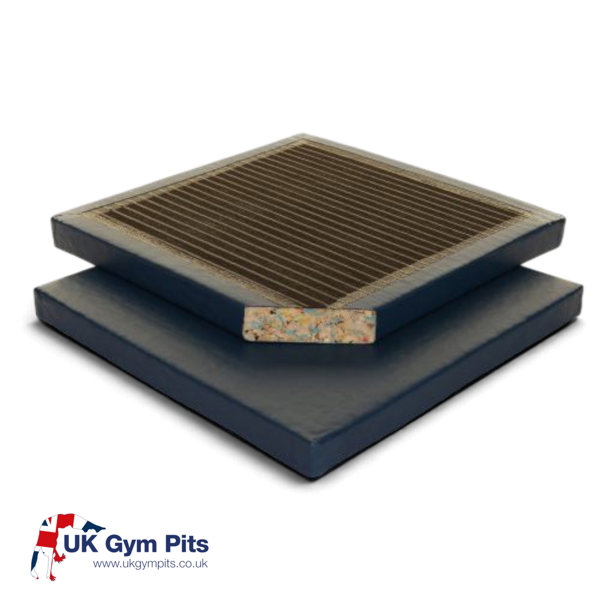 UK Gym Pits medium-weight agility mat with durable blue PVC cover, anti-slip base, and exposed chipfoam core.