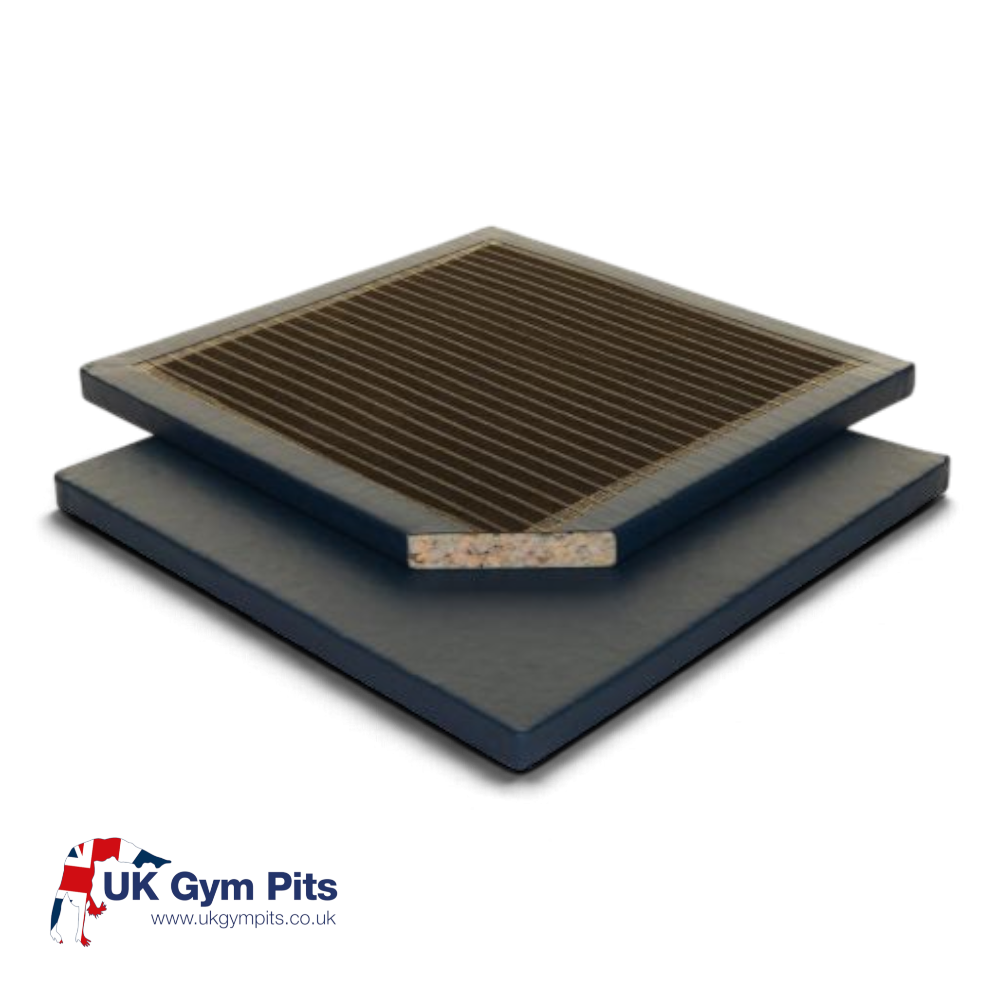 UK Gym Pits medium-weight gymnastics mat with recycled chip foam core, heavy-duty PVC cover, and anti-slip latex base.