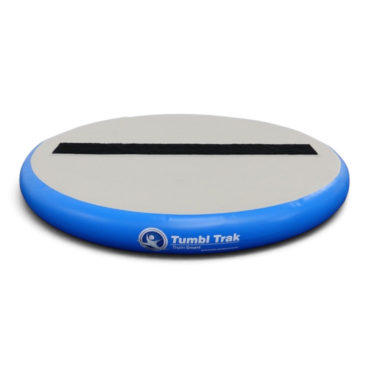 UK Gym Pits air-filled round hot spot training mat in blue and grey with a central Velcro strip for gymnastics