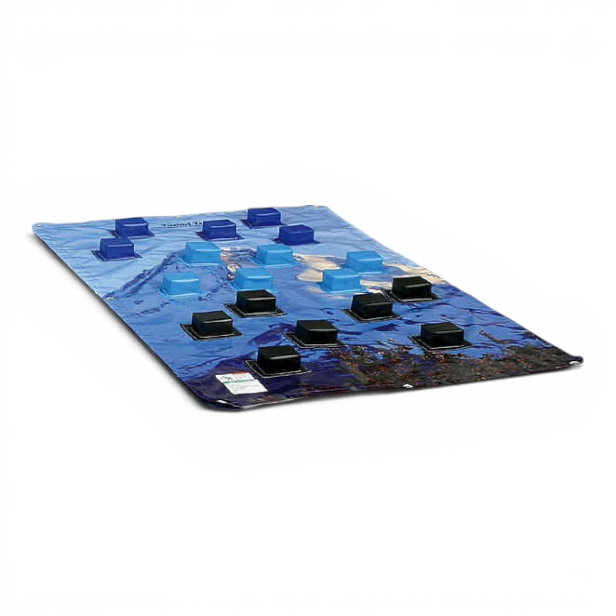 UK Gym Pits climbing wall overlay with blue and black foam holds on a printed vinyl mat for gym and school use.