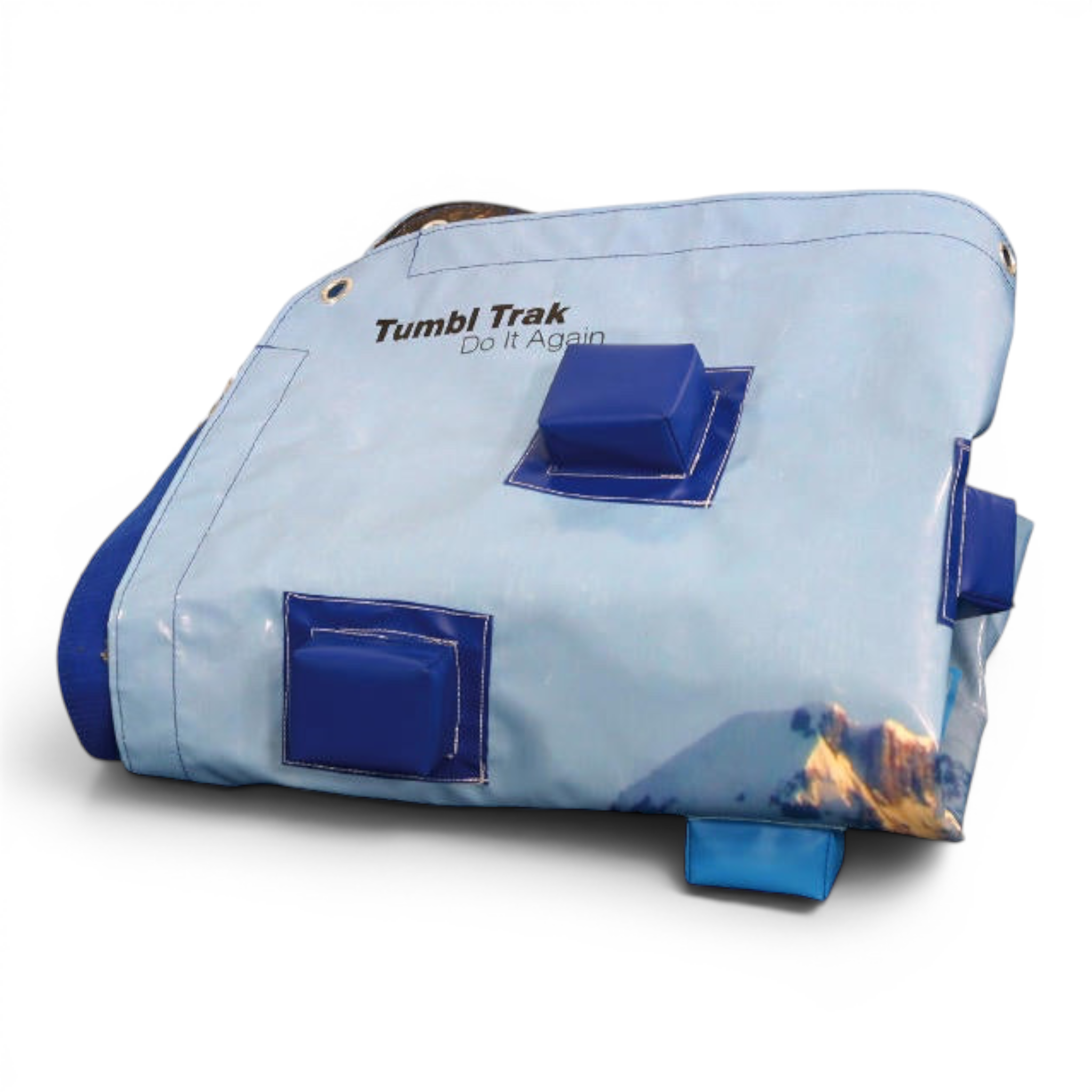 UK Gym Pits climbing wall overlay with blue vinyl surface and foam climbing blocks for gym and school training.